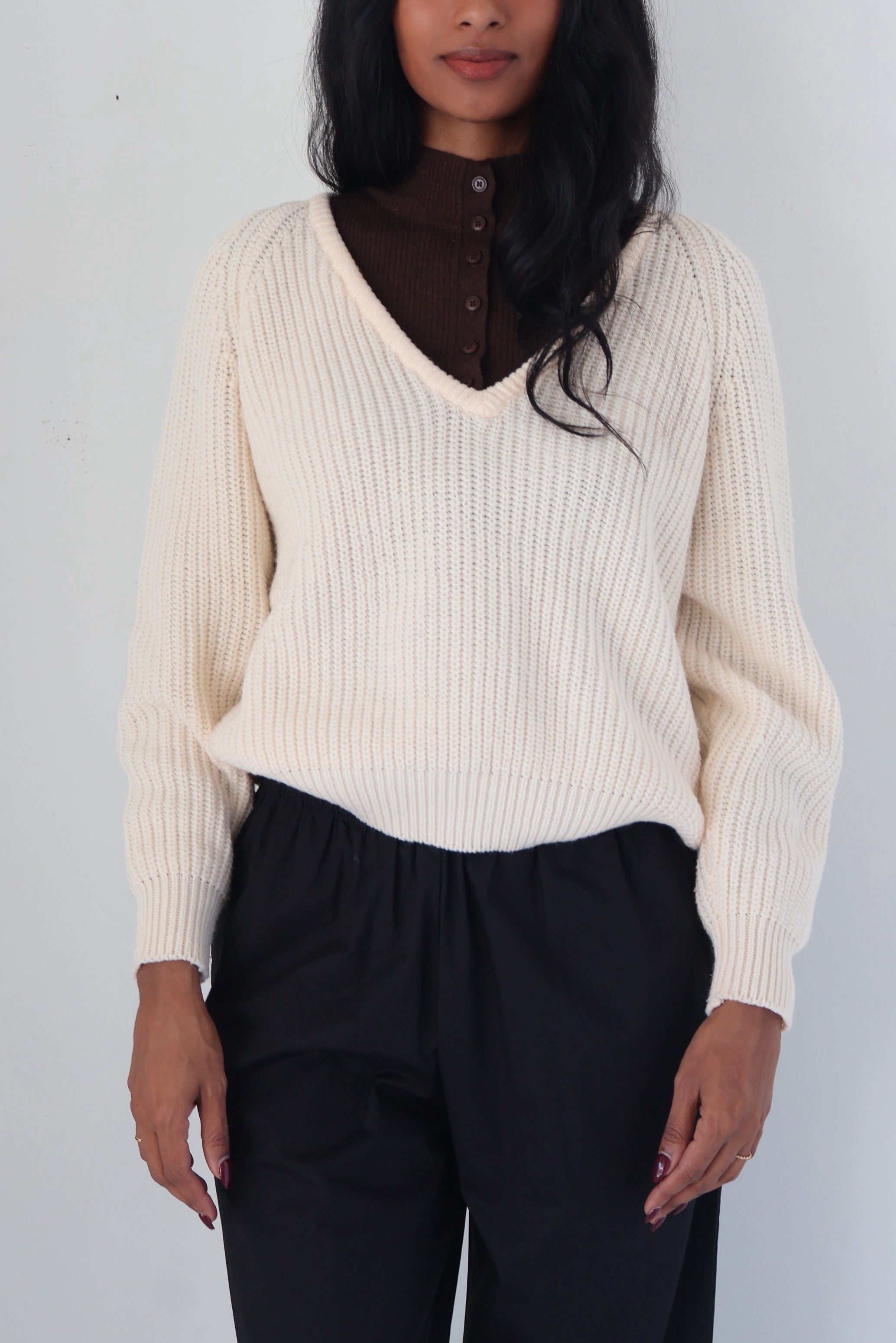 Vintage Cream V Neck Sweater