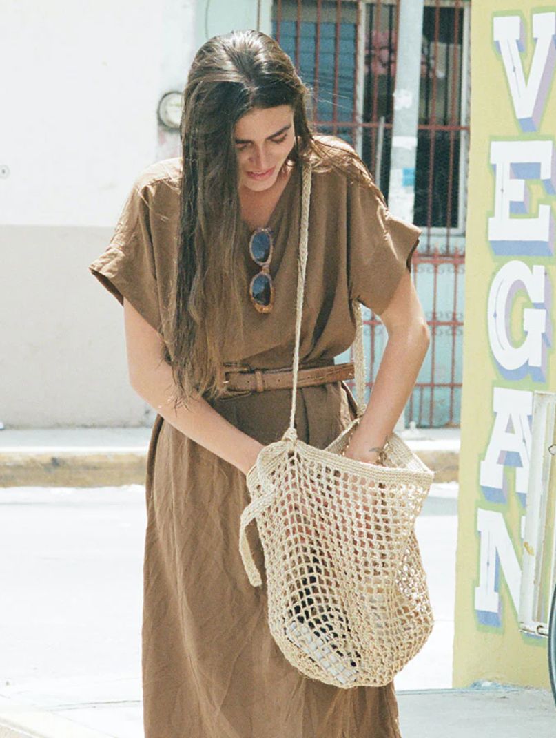 Woven Market Bag with Natural Fiber Strap