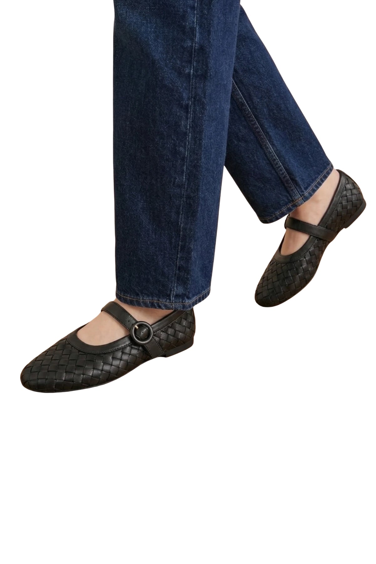 Woven Black Leather Mary Jane Flat