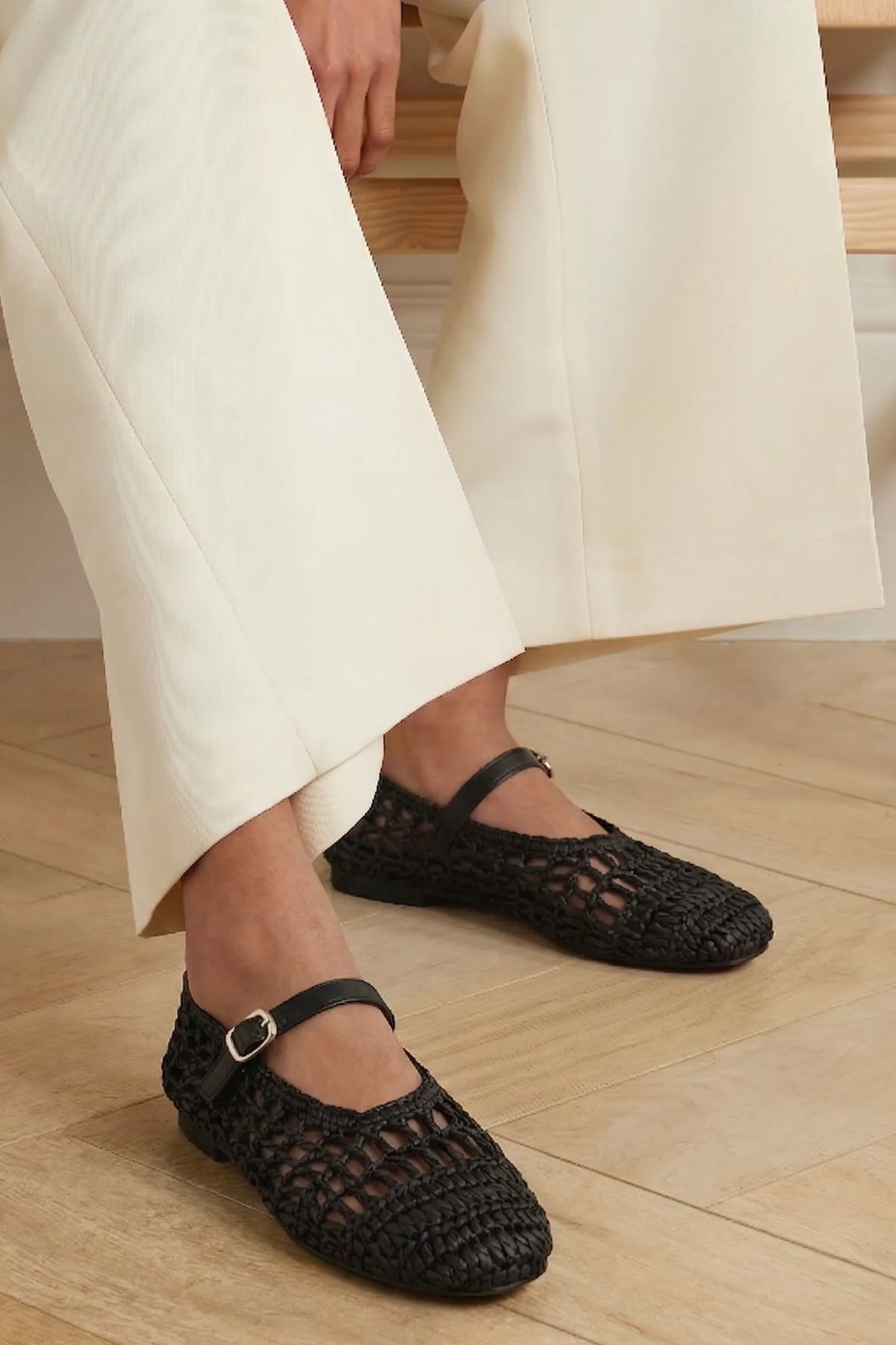 Black Straw Mary Jane Flats