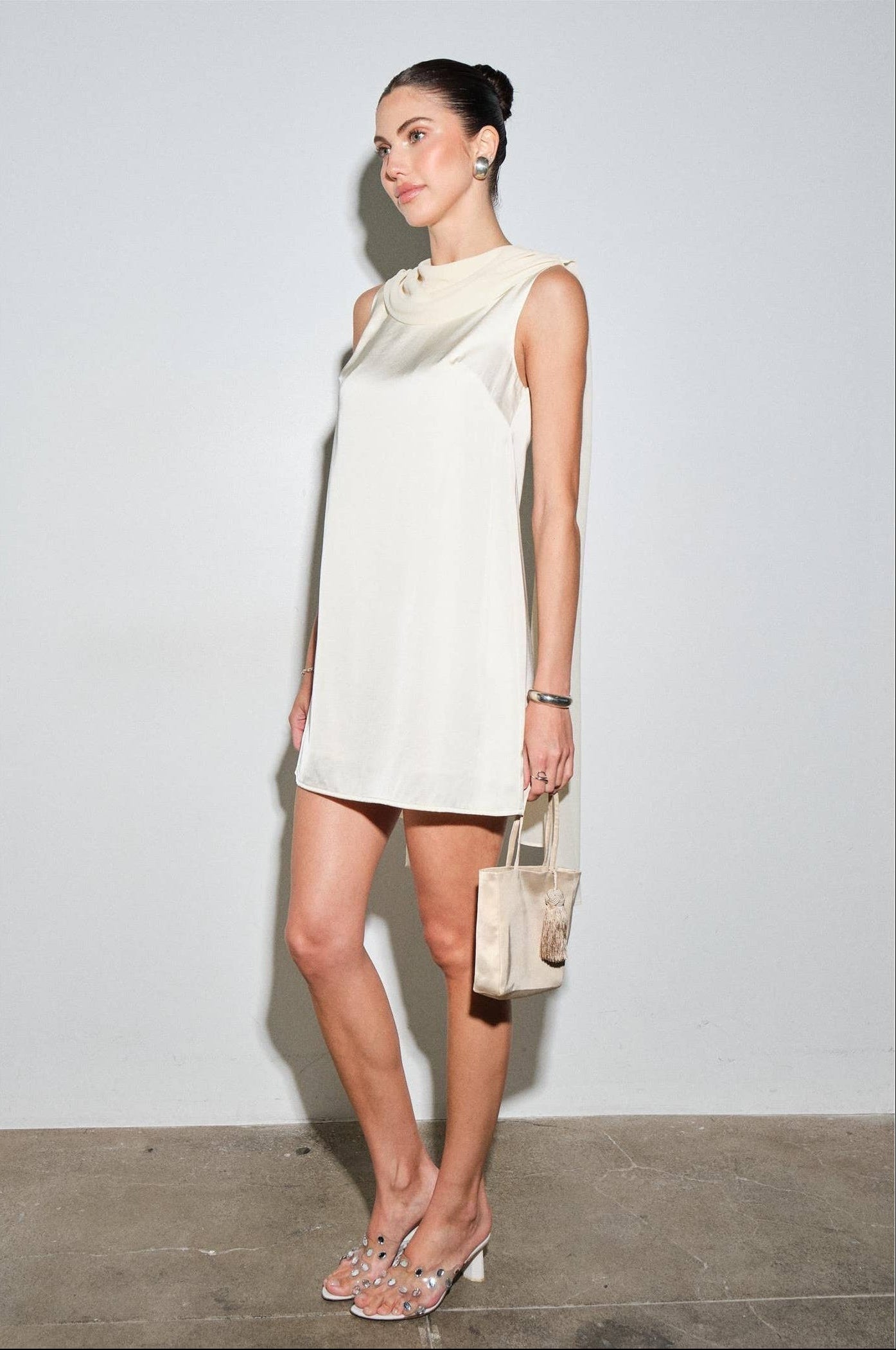 Maris Cream Satin Draped Back Mini Dress