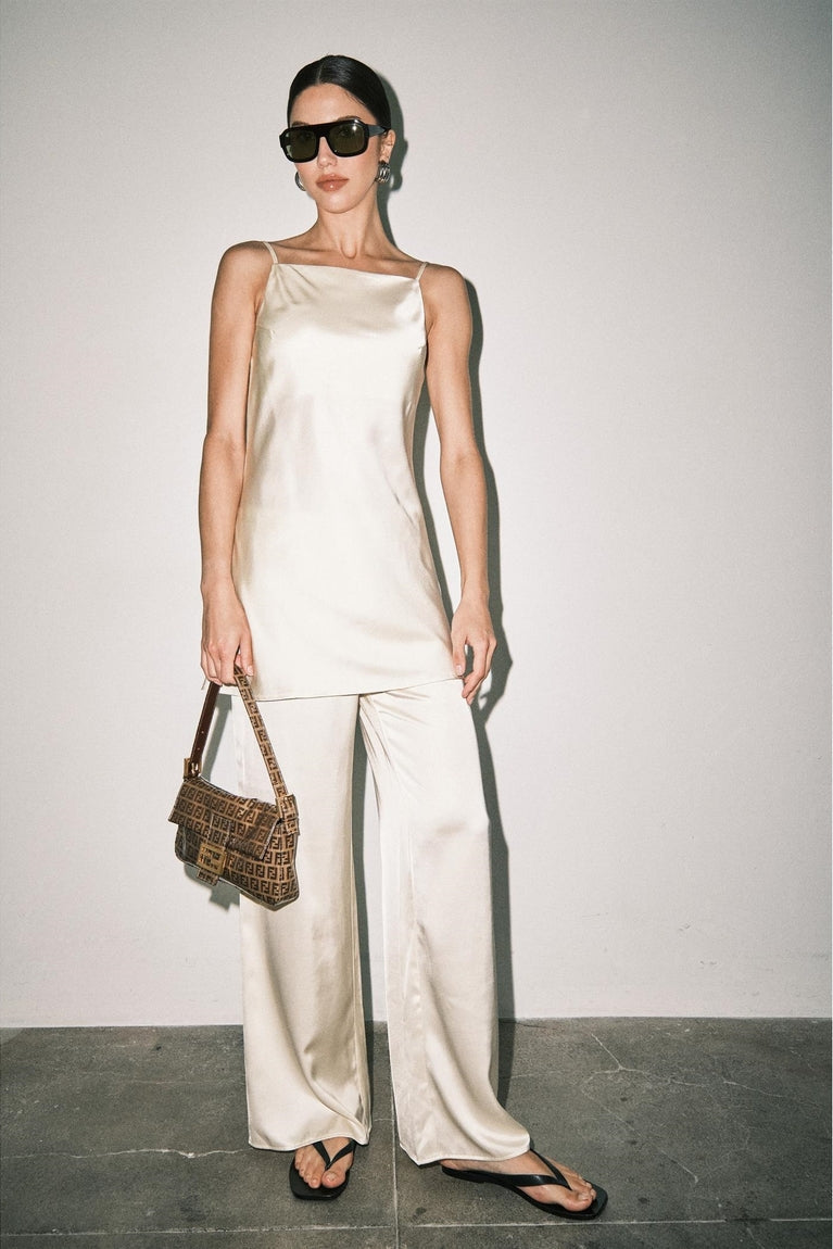 Cream Satin Cami & Wide Leg Pant Set