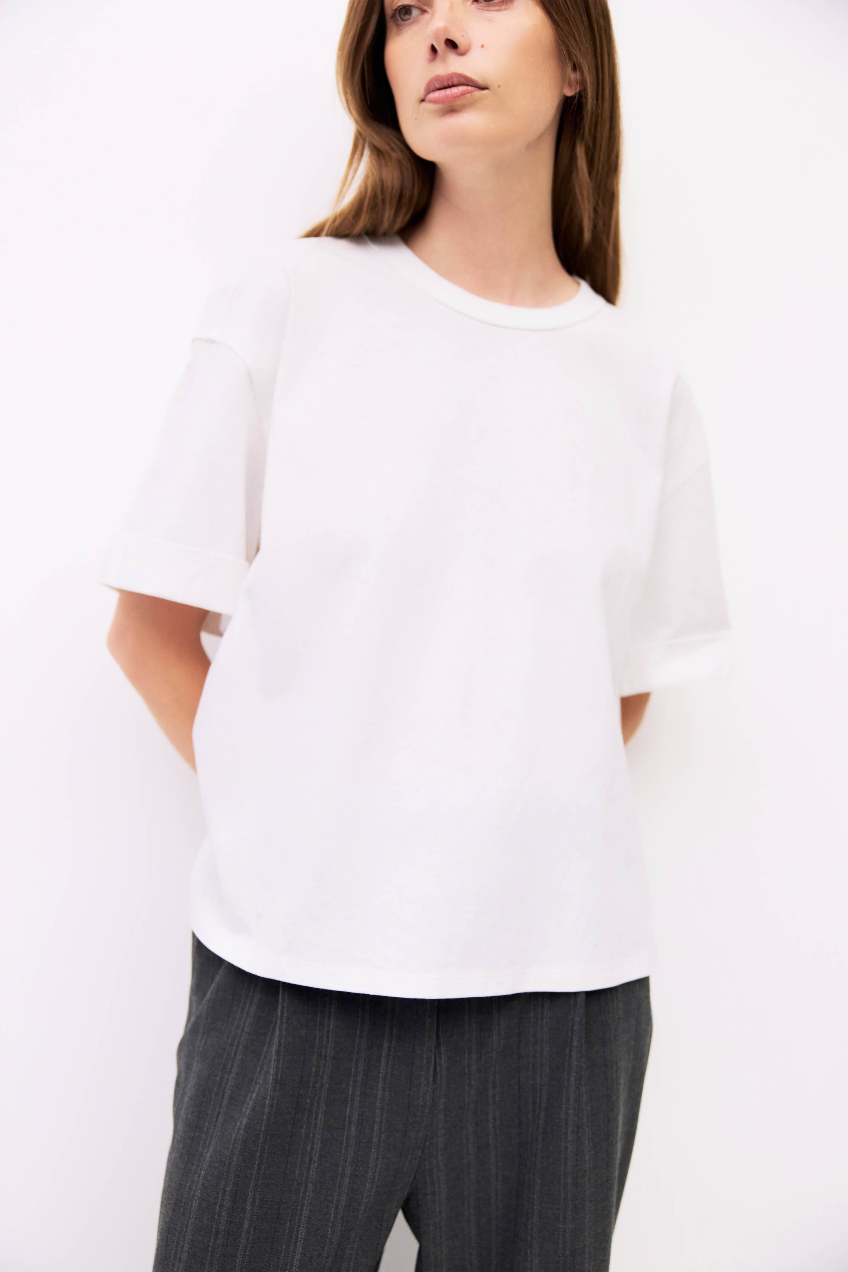 White Short Sleeve Cuffed Sleeve T-Shirt