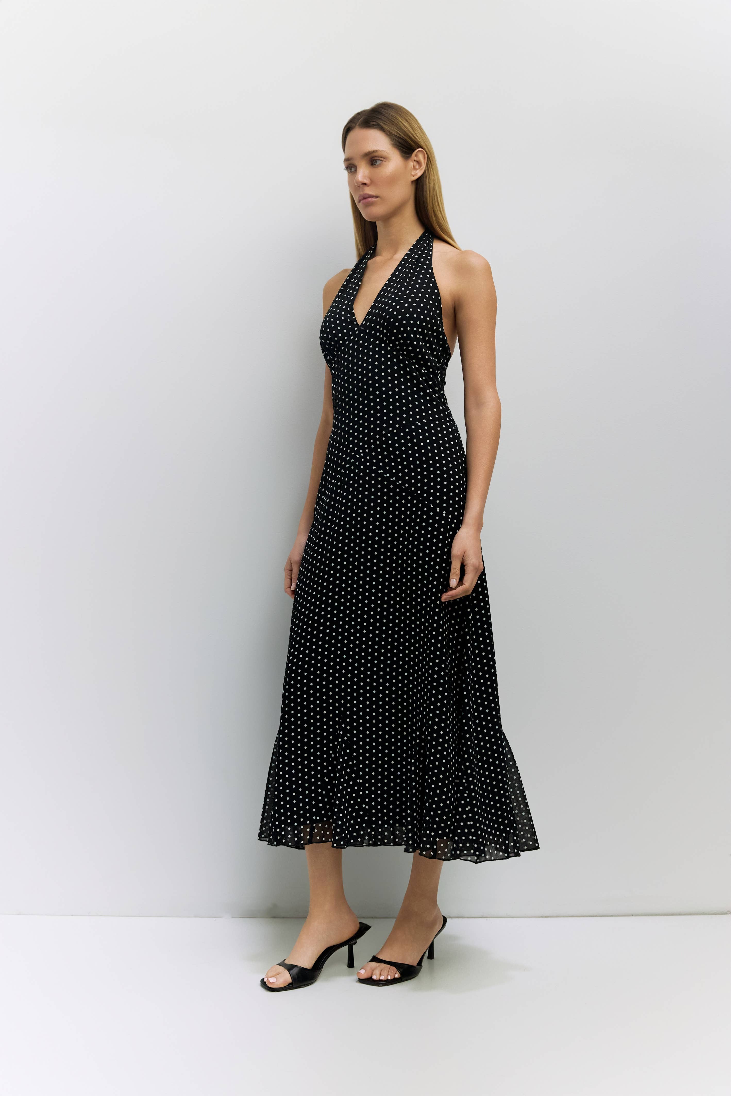Angelina Black Polka Dot Halter Dress