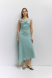 Teal Asymmetrical Cowl Neck Dress
