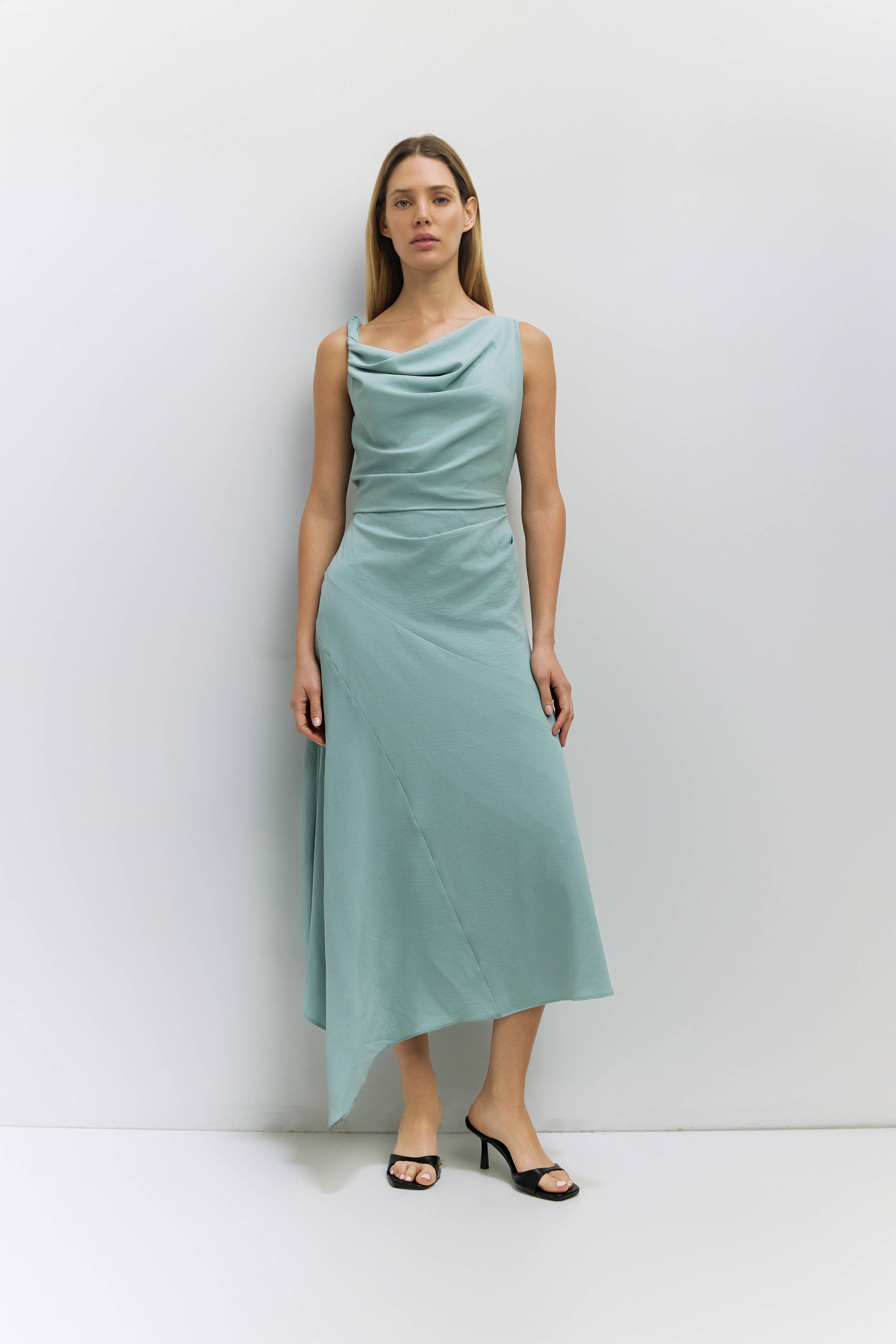 Teal Asymmetrical Cowl Neck Dress