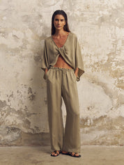 The Handloom Khaki Green Lucid Flow Tie Pants