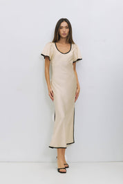 Cream Satin Dress with Contrast Trim