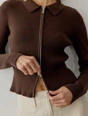 Brown Kieran Double Zipper Cardigan