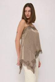 Taupe Asymmetrical Lace Satin Top