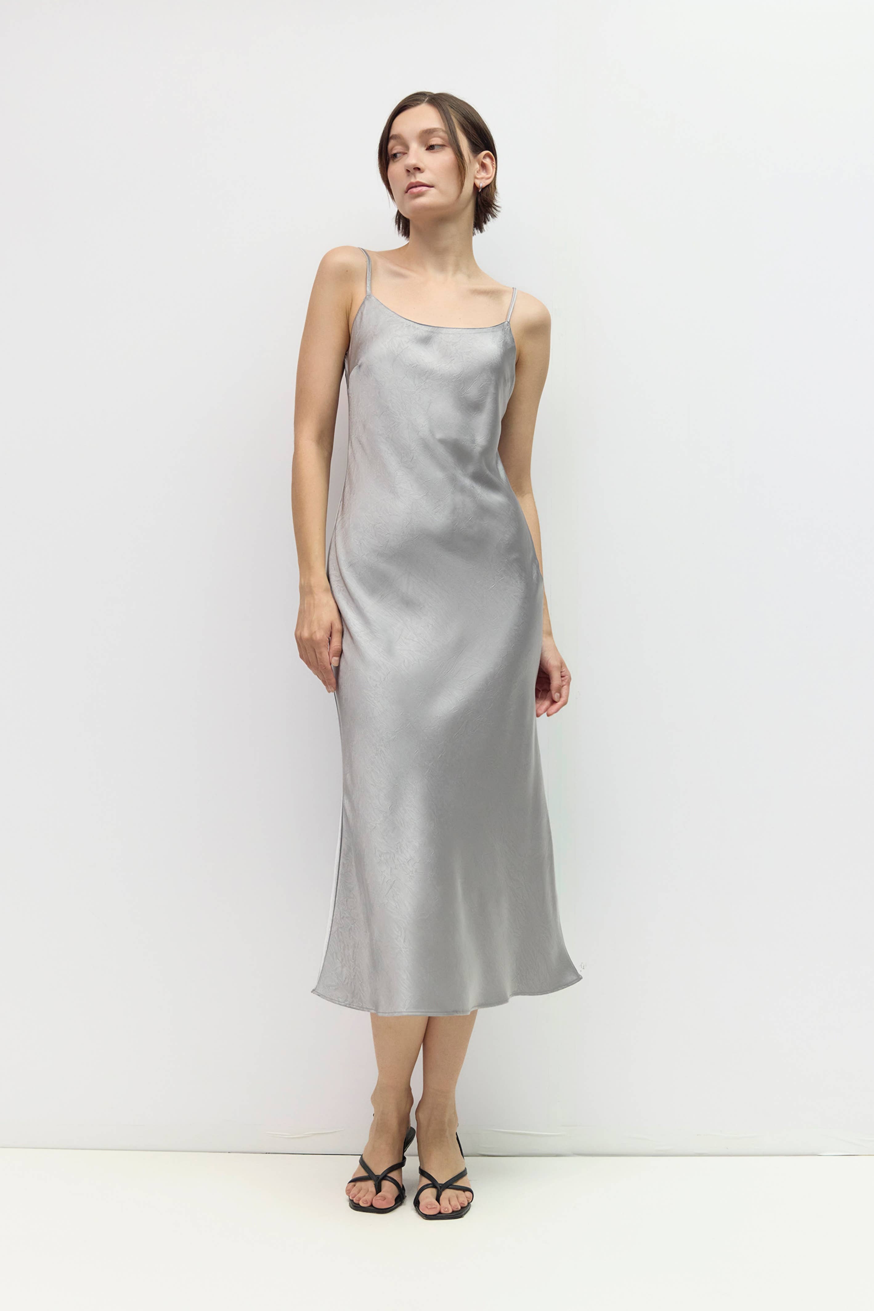 Slate Crinkle Satin Midi Dress