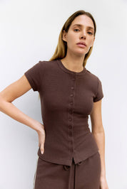 Brown Waffle Button-Up Knit Top