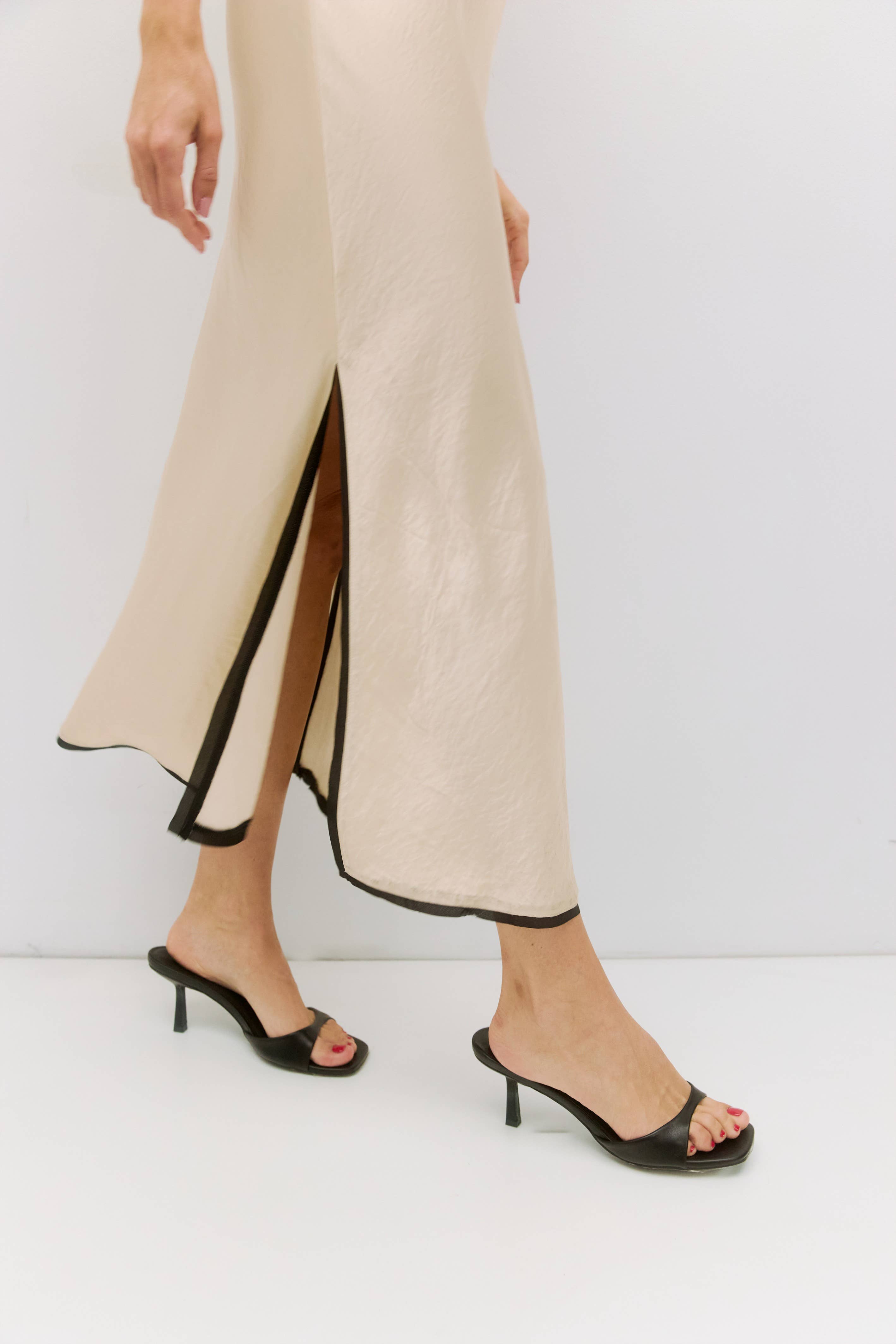 Cream Satin Dress with Contrast Trim