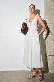 White Cotton Poplin Corset-Waist Maxi Dress