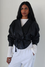 Vintage Black Leather Tie Crop Jacket