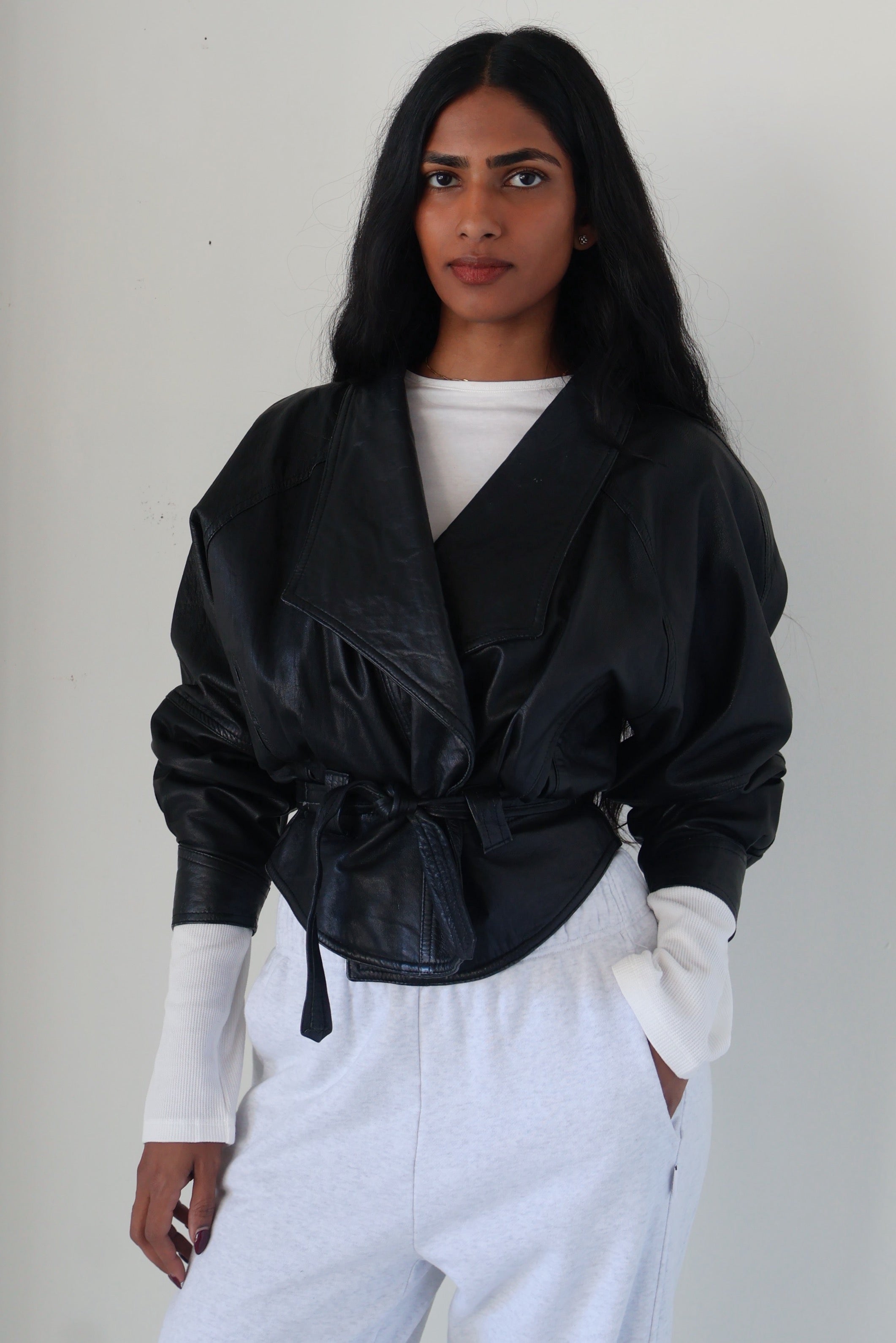 Vintage Black Leather Tie Crop Jacket