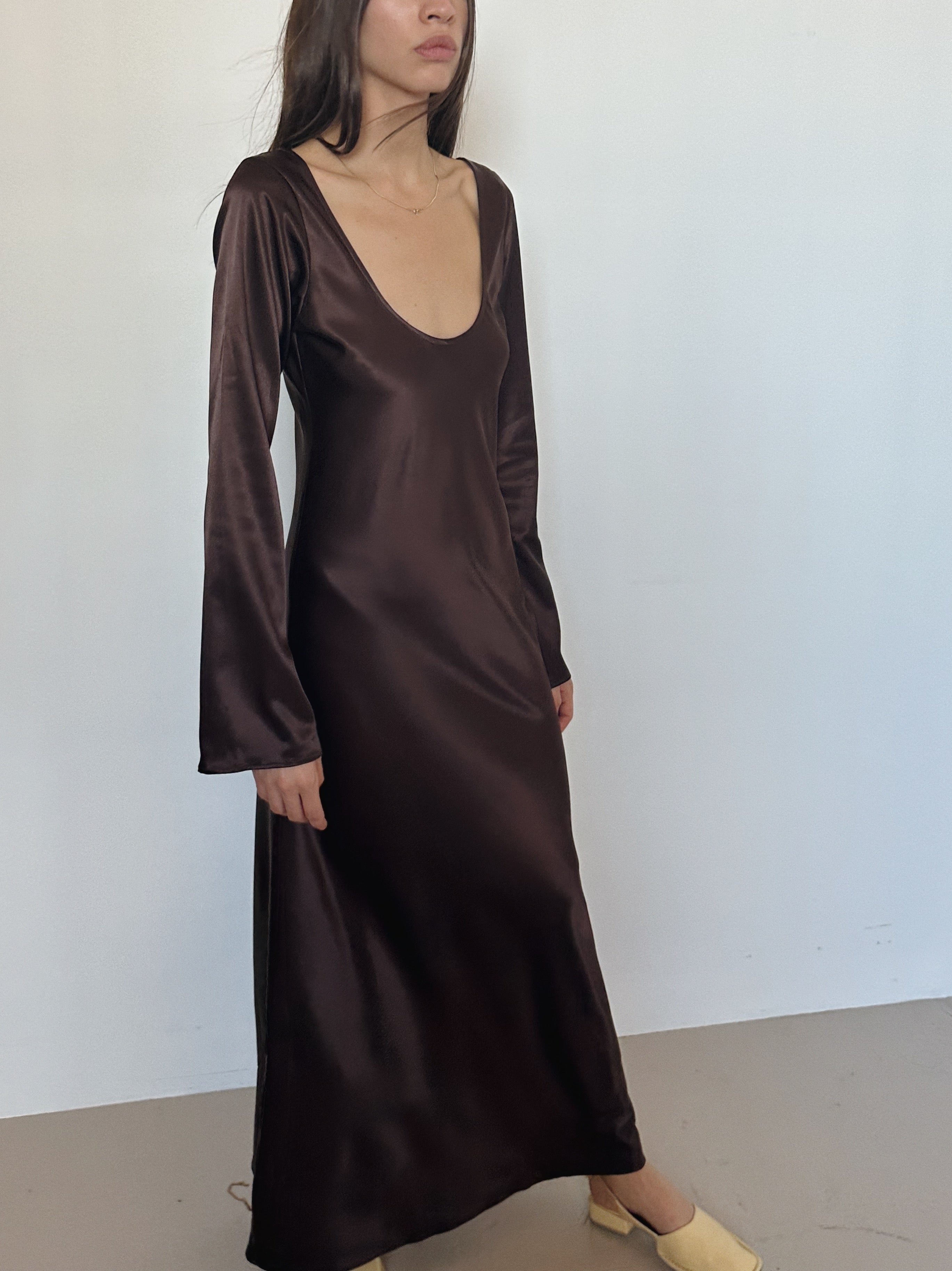 Trois Lover Chocolate Satin Long Sleeve Maxi Dress – Dear Society