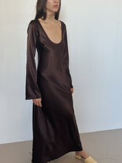 Trois Chocolate Satin Long Sleeve Dress