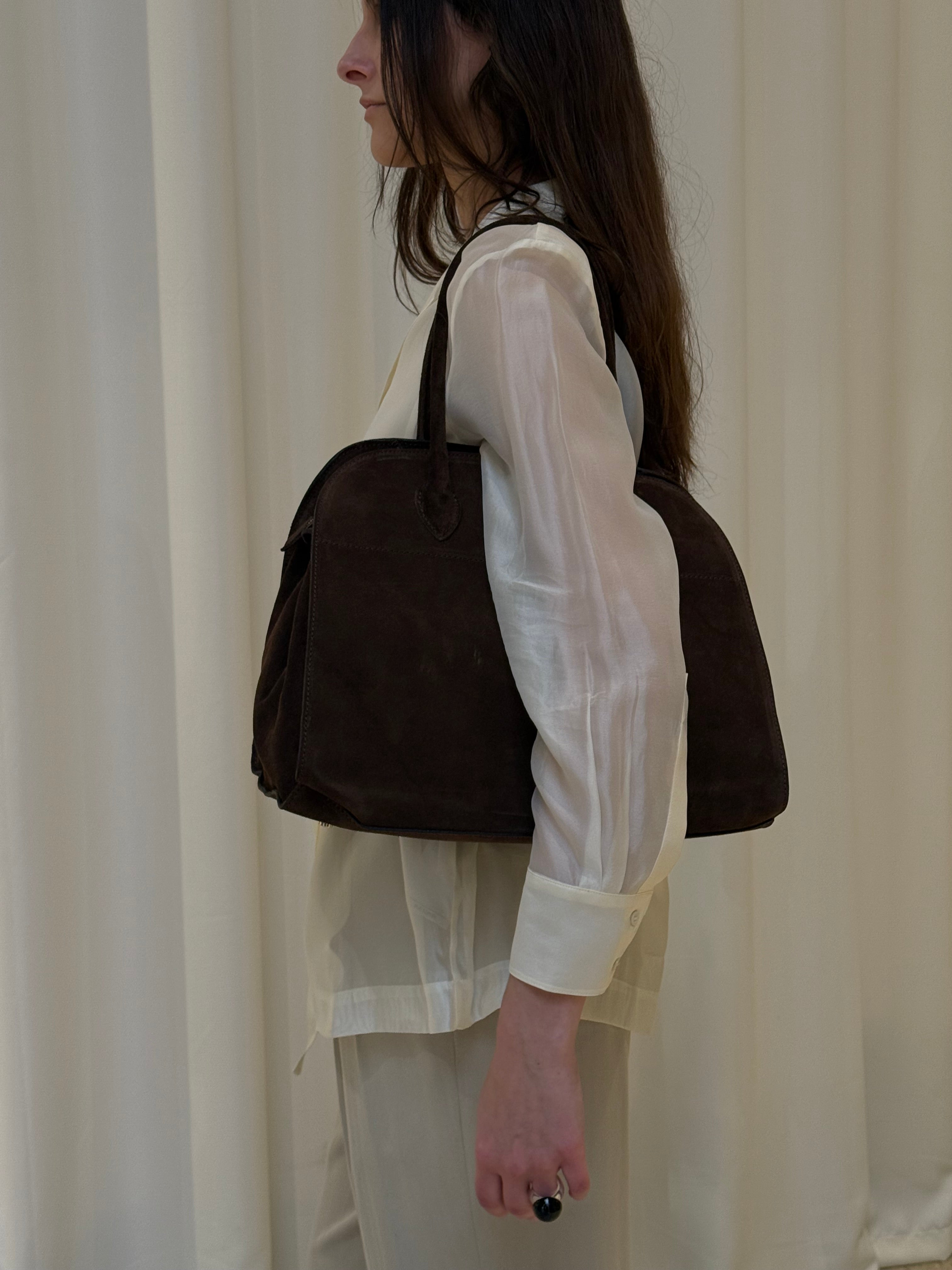 Chocolate Suede Leather Top-Handle Bag