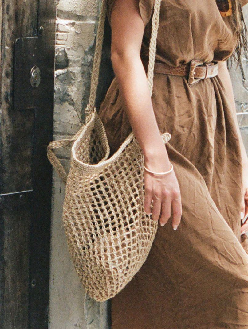 Woven Market Bag with Natural Fiber Strap