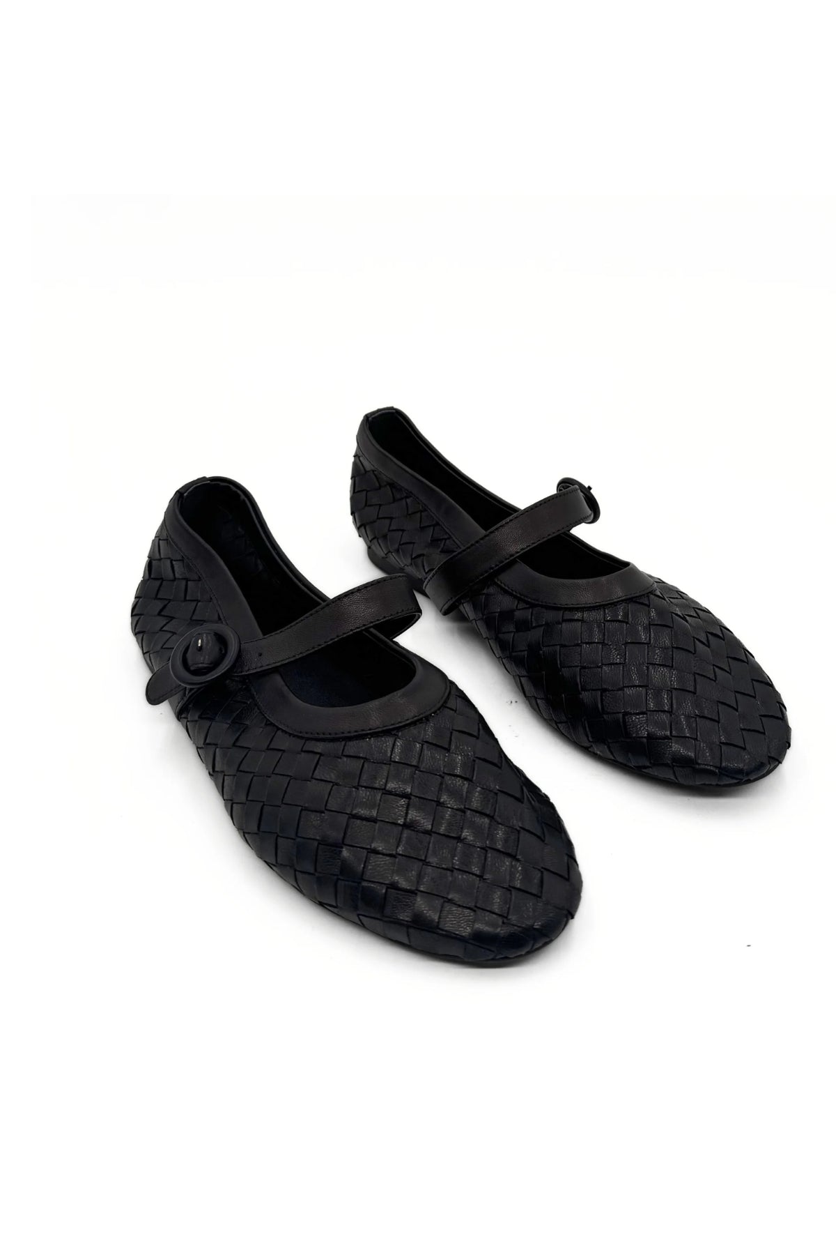 Woven Black Leather Mary Jane Flat