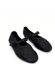 Woven Black Leather Mary Jane Flat