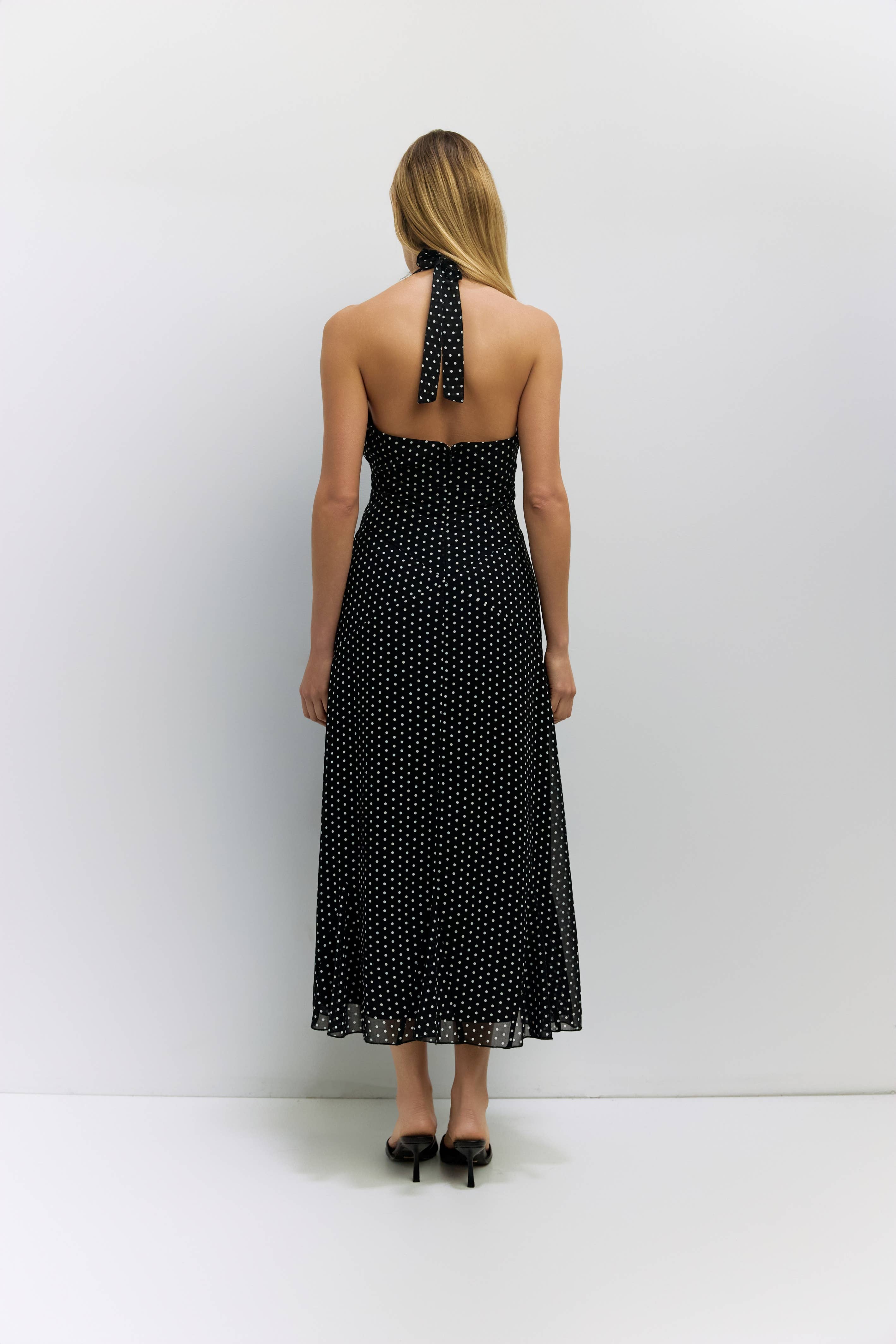 Angelina Black Polka Dot Halter Dress