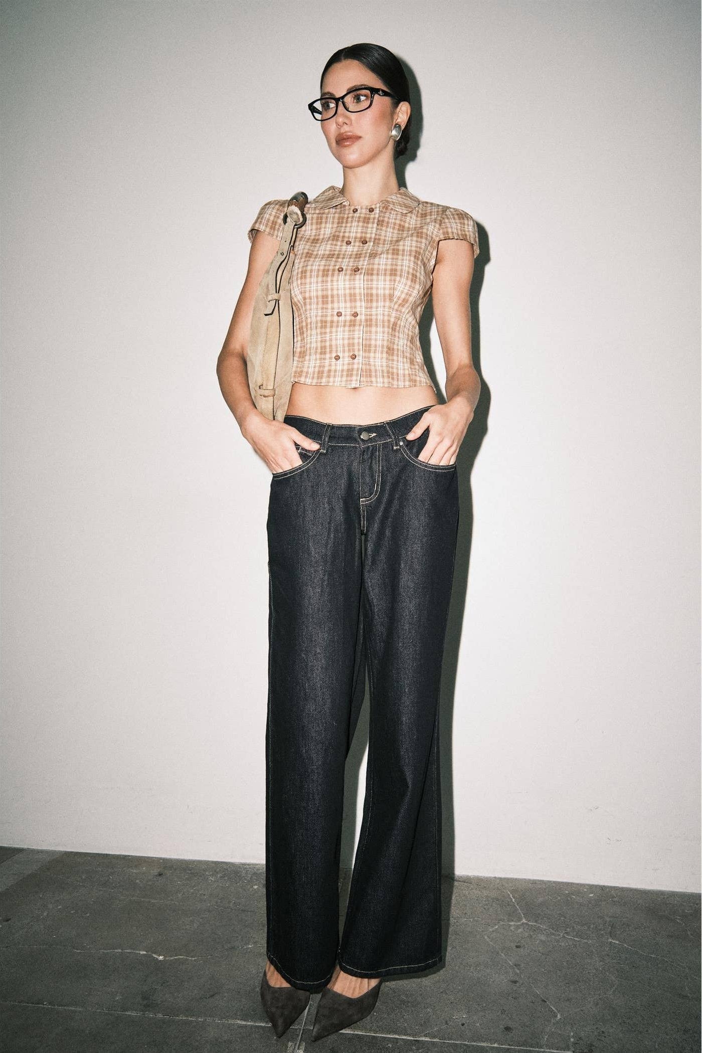 Tan Plaid Peter Pan Collar Double-Breasted Top