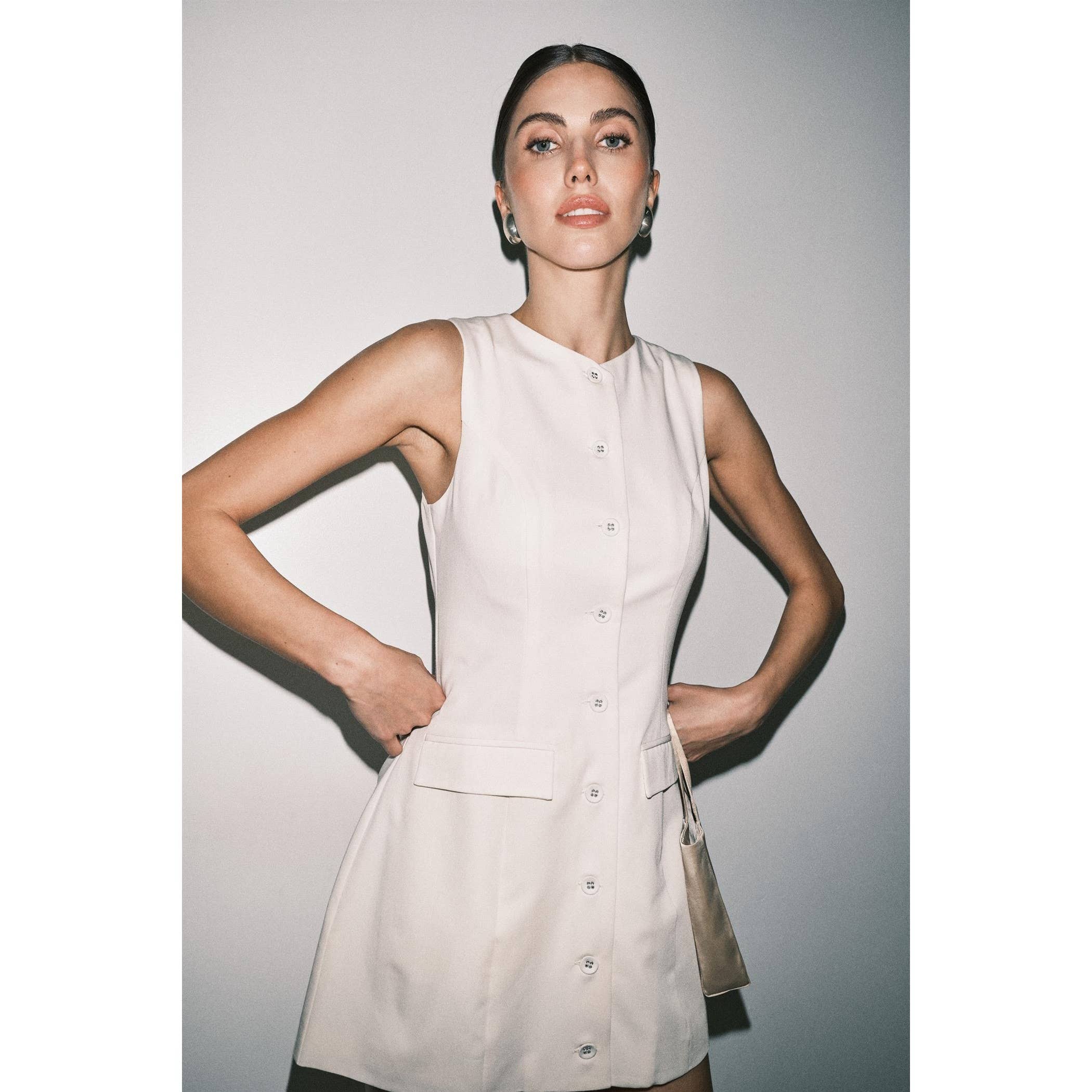 Cream Lenore Button-Front Sleeveless Mini Dress