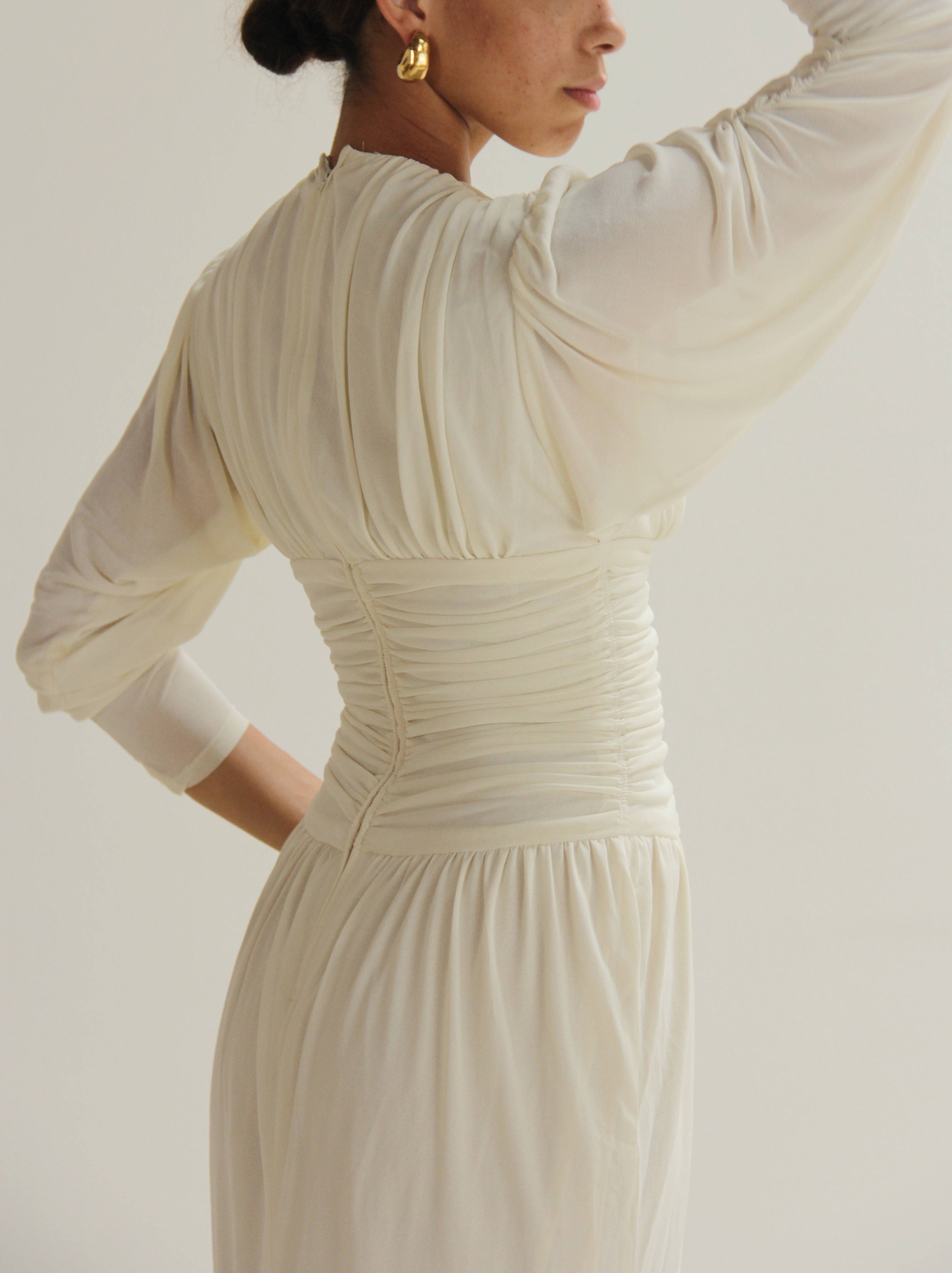 Vintage 70s Ivory Draped Ruched Dress