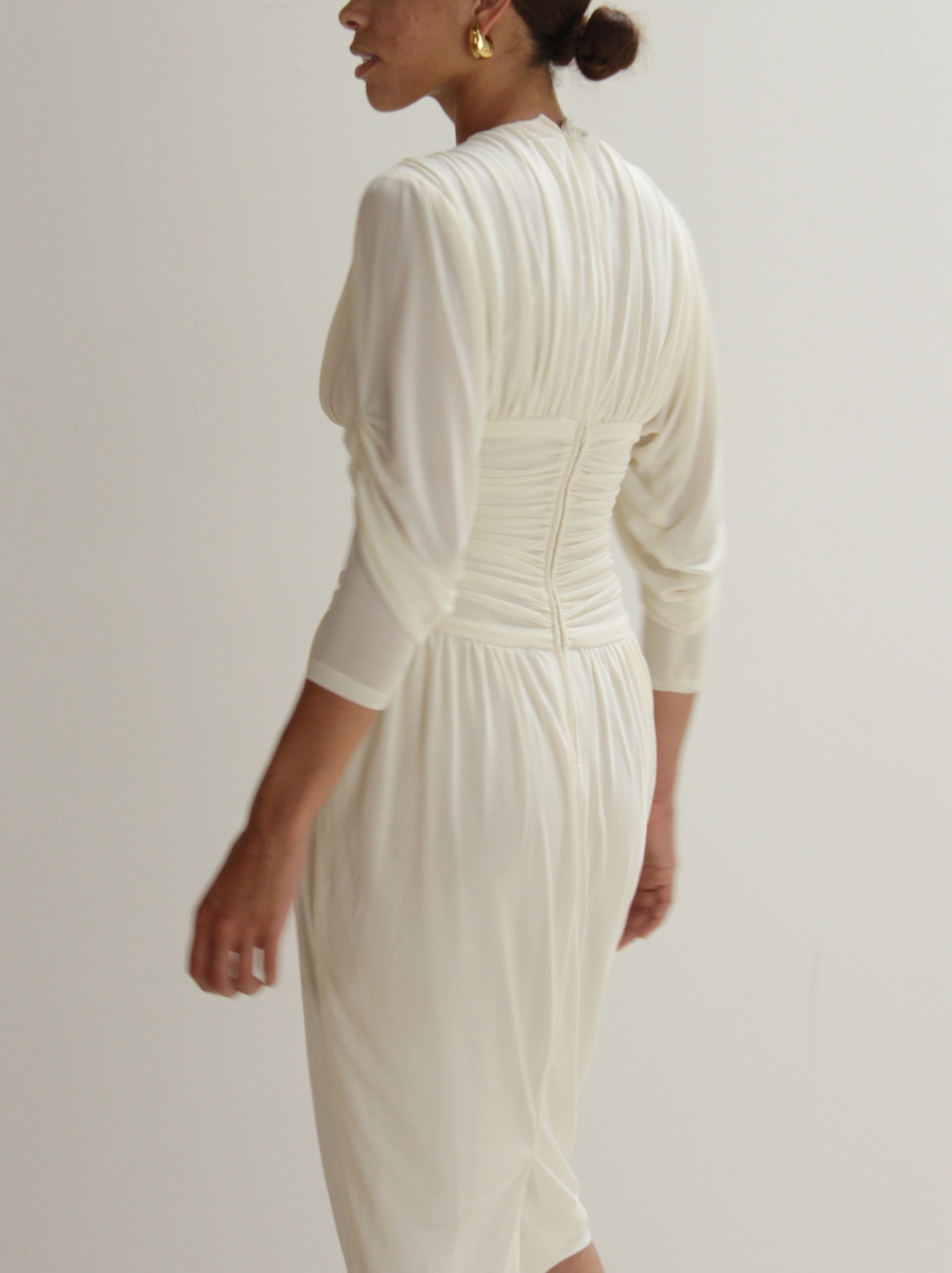 Vintage 70s Ivory Draped Ruched Dress