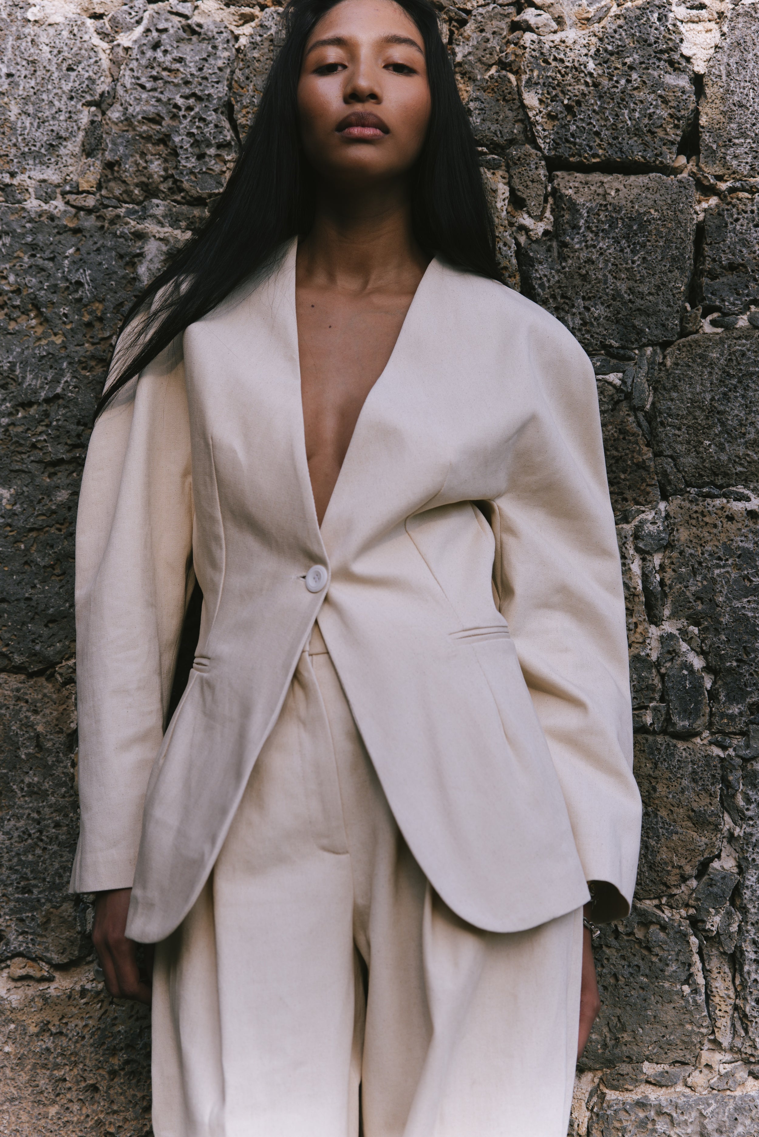 Sloan Ivory Denim Circular Sleeve Blazer