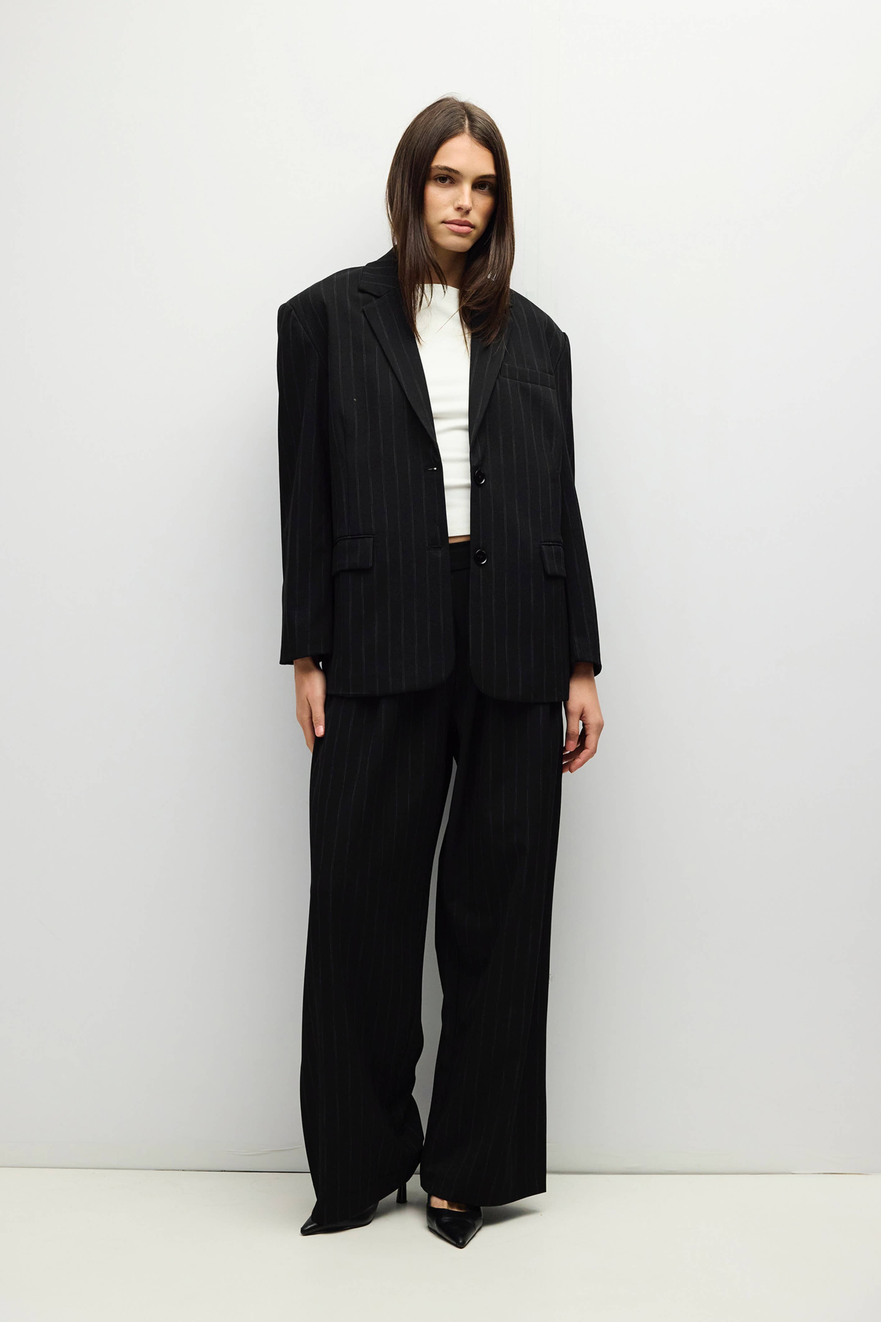 Black Pinstripe Pleated Maren Pants