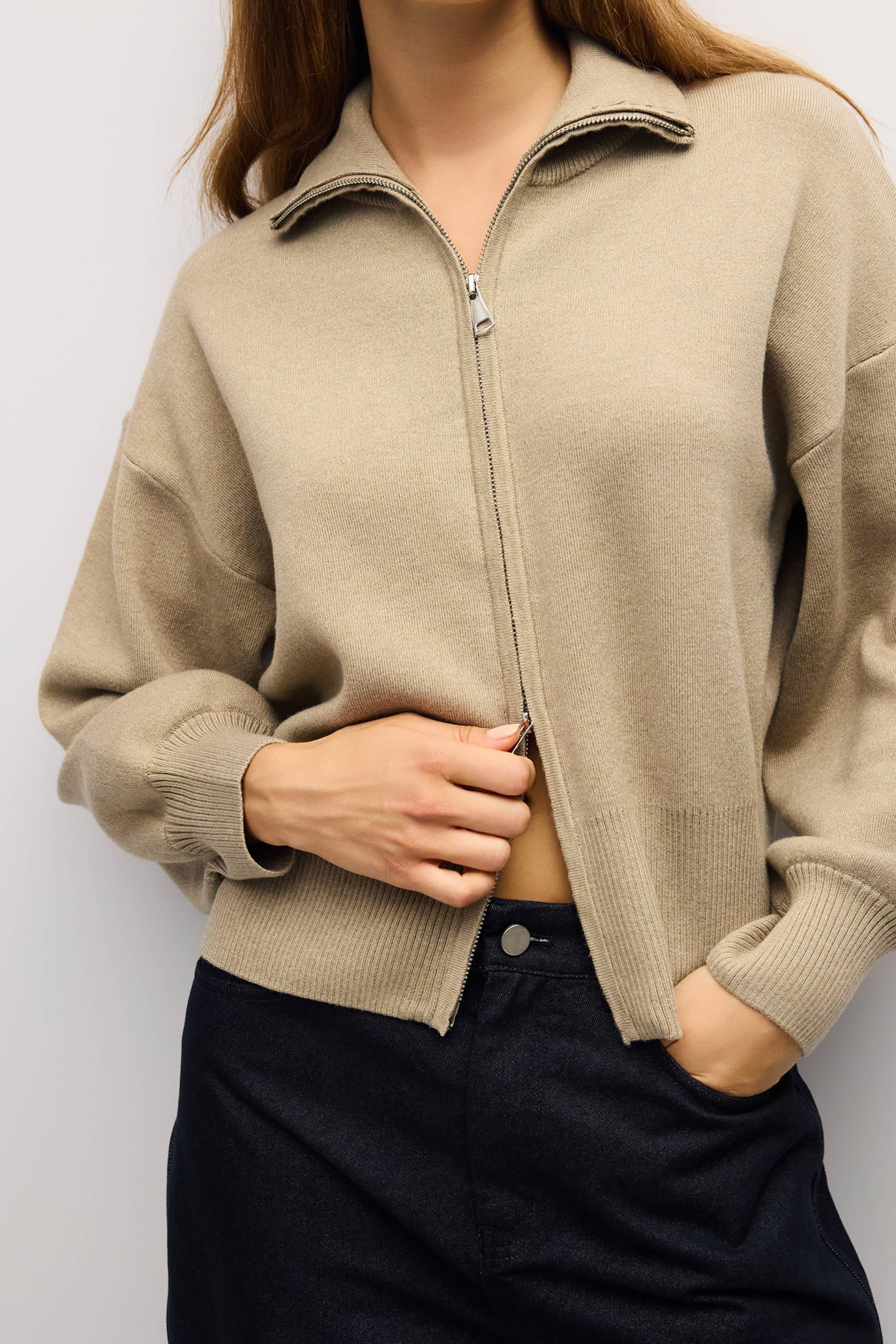 Khaki Zip Up Turtleneck Sweater