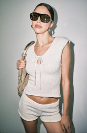 Cream Textured Keyhole Tie Front Sleeveless Tank