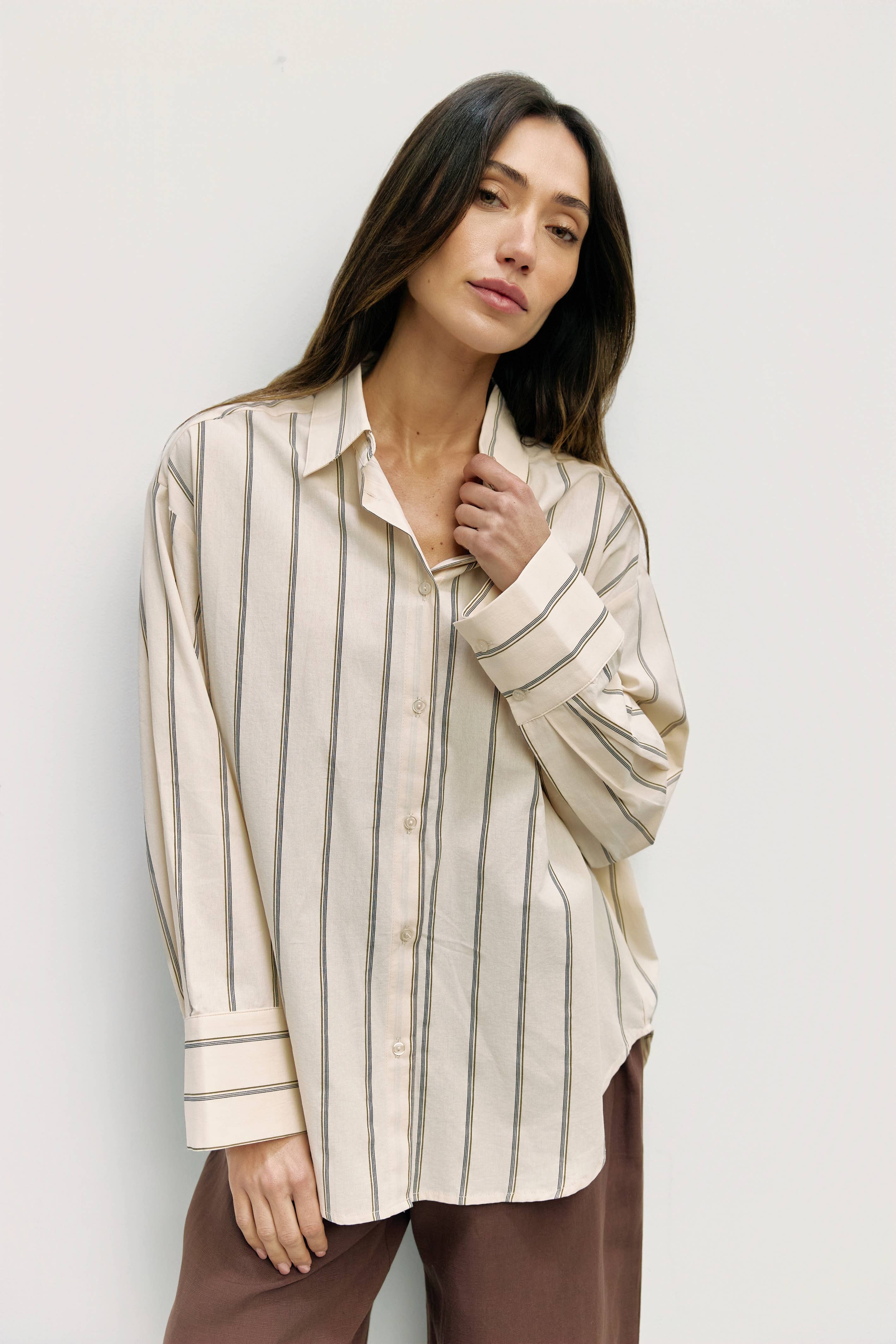 Cream Striped Cotton Poplin Blouse
