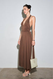 Brown Mila Jersey Plunge Halter Maxi Dress