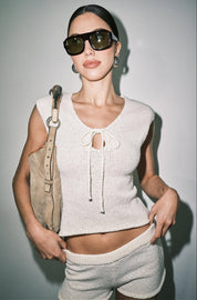 Cream Textured Keyhole Tie Front Sleeveless Tank