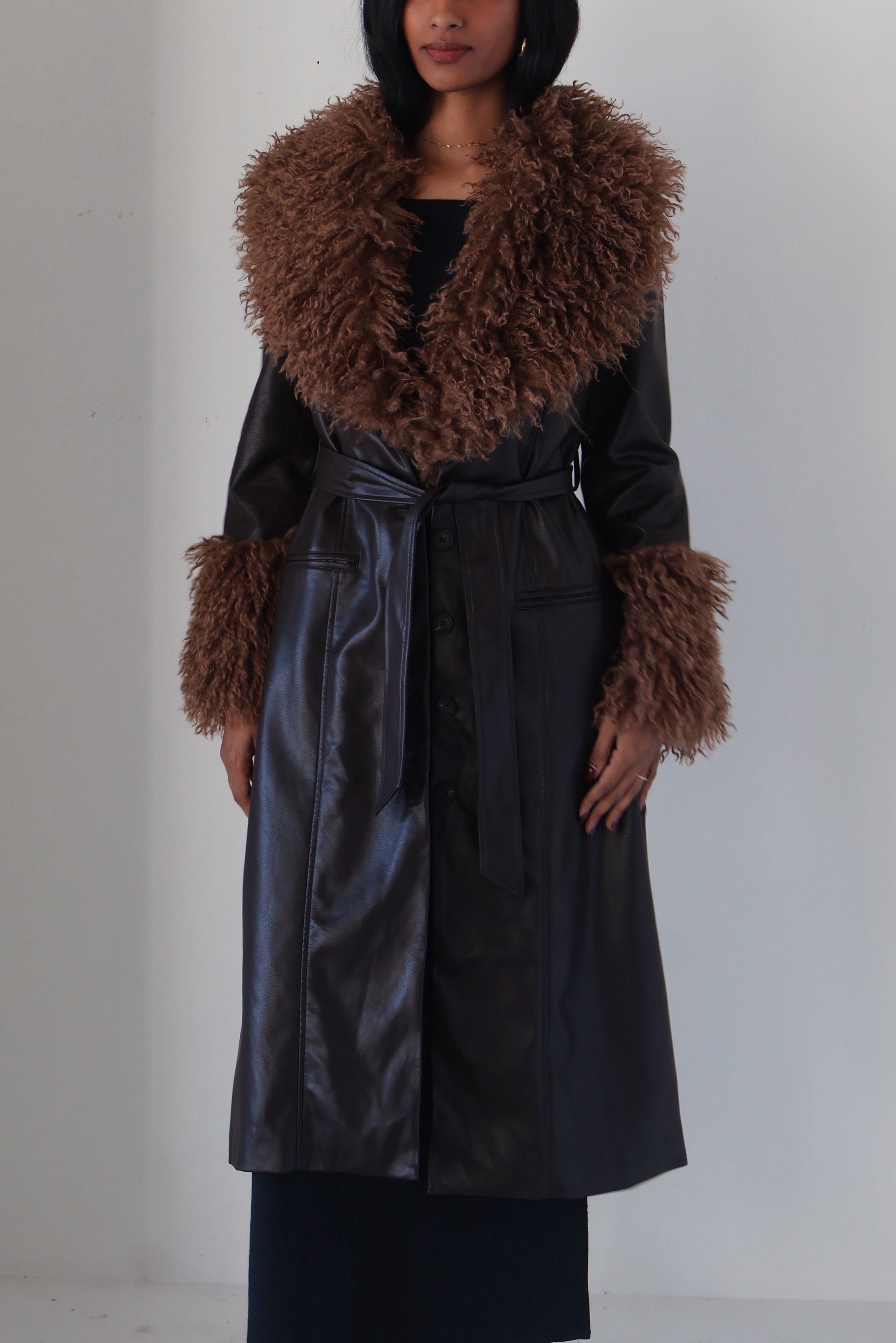 Espresso Shearling Trim Trench Coat