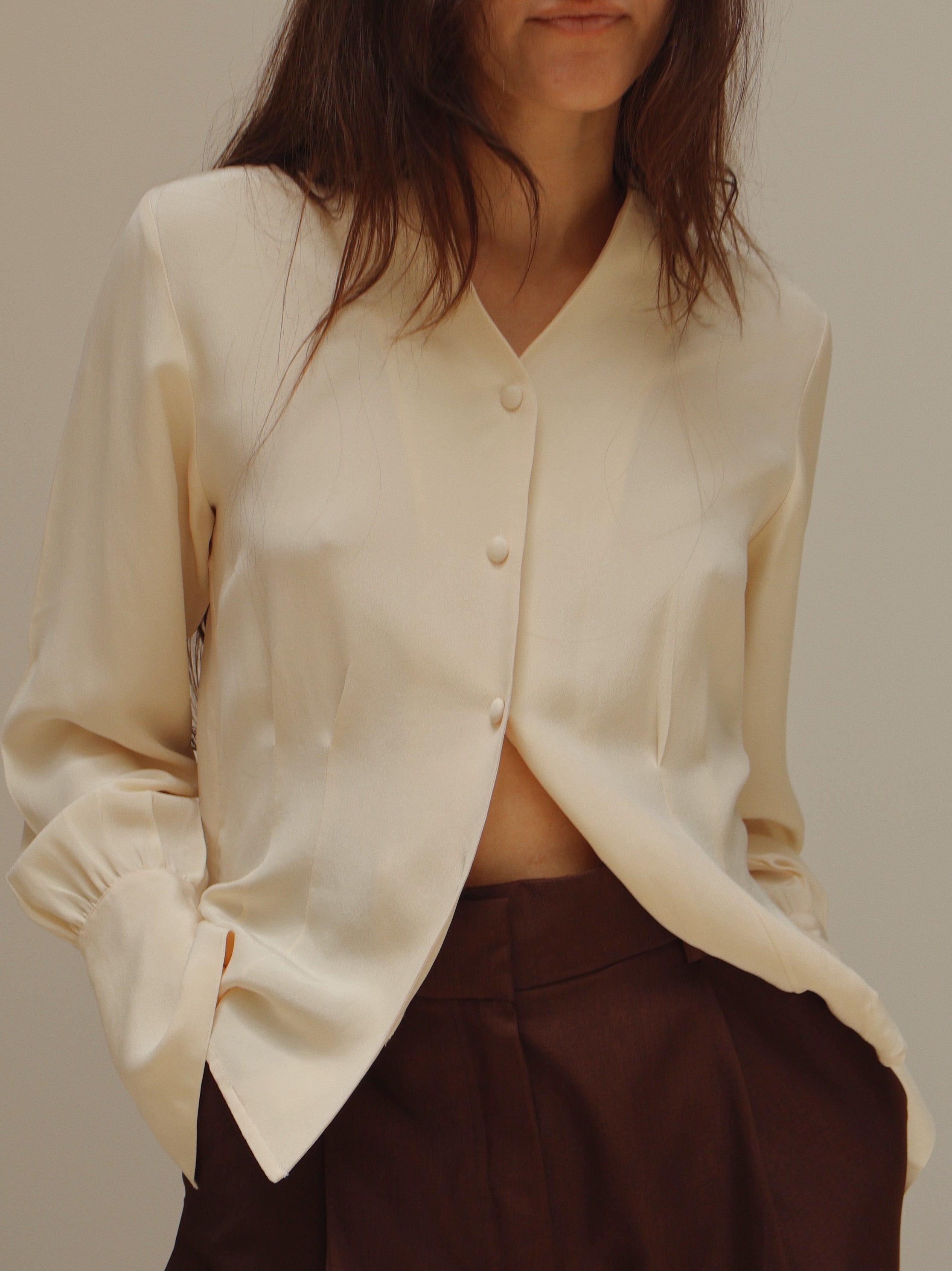 Vintage Cream Silk Collarless Blouse