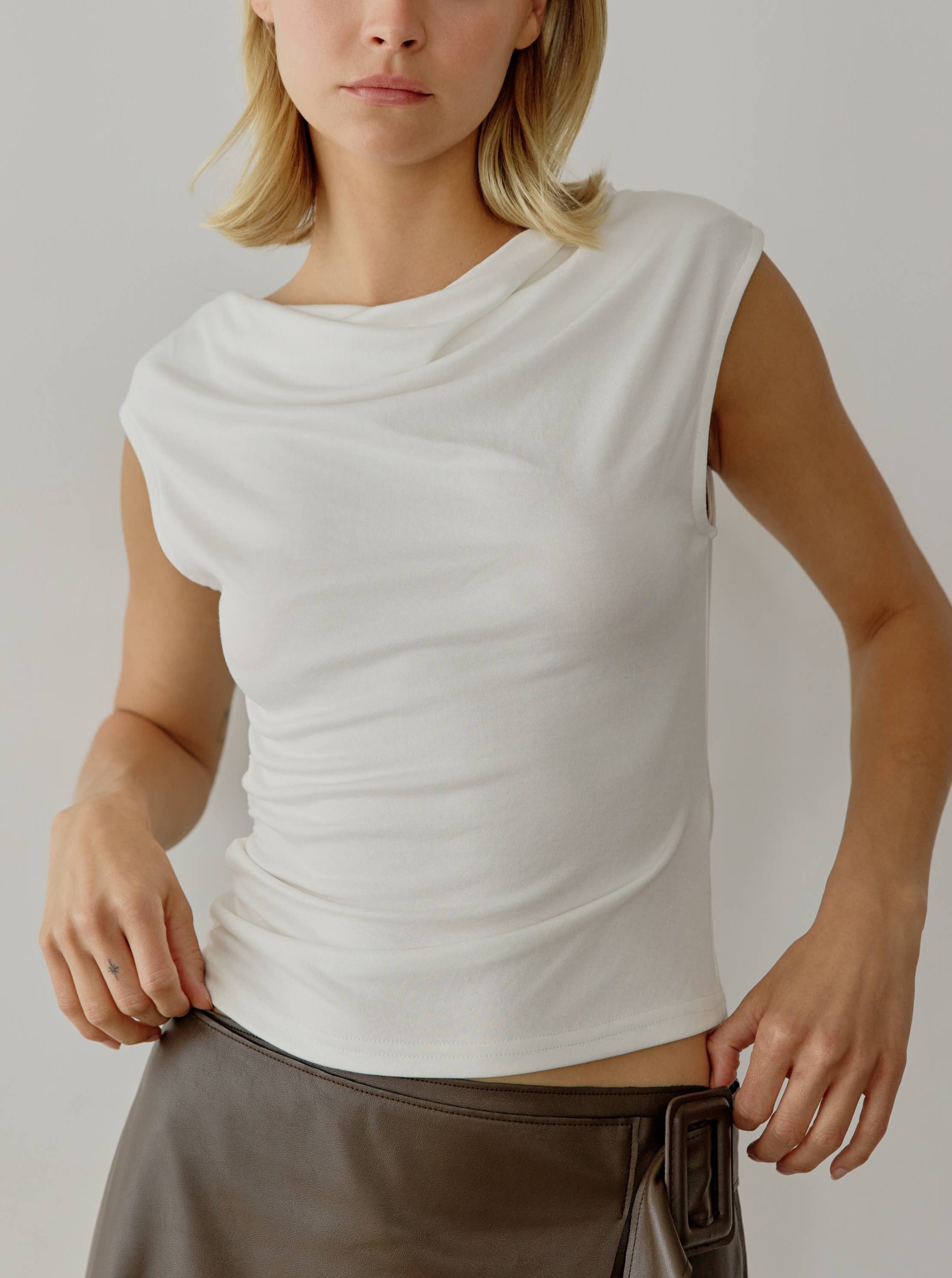 White Cowl Neck Sleeveless Top