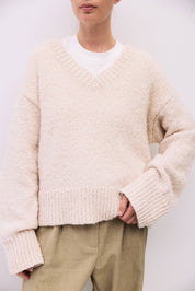 Cream Oversized Boucle Knit V-Neck Sweater