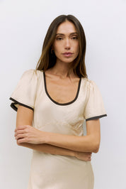 Cream Satin Dress with Contrast Trim