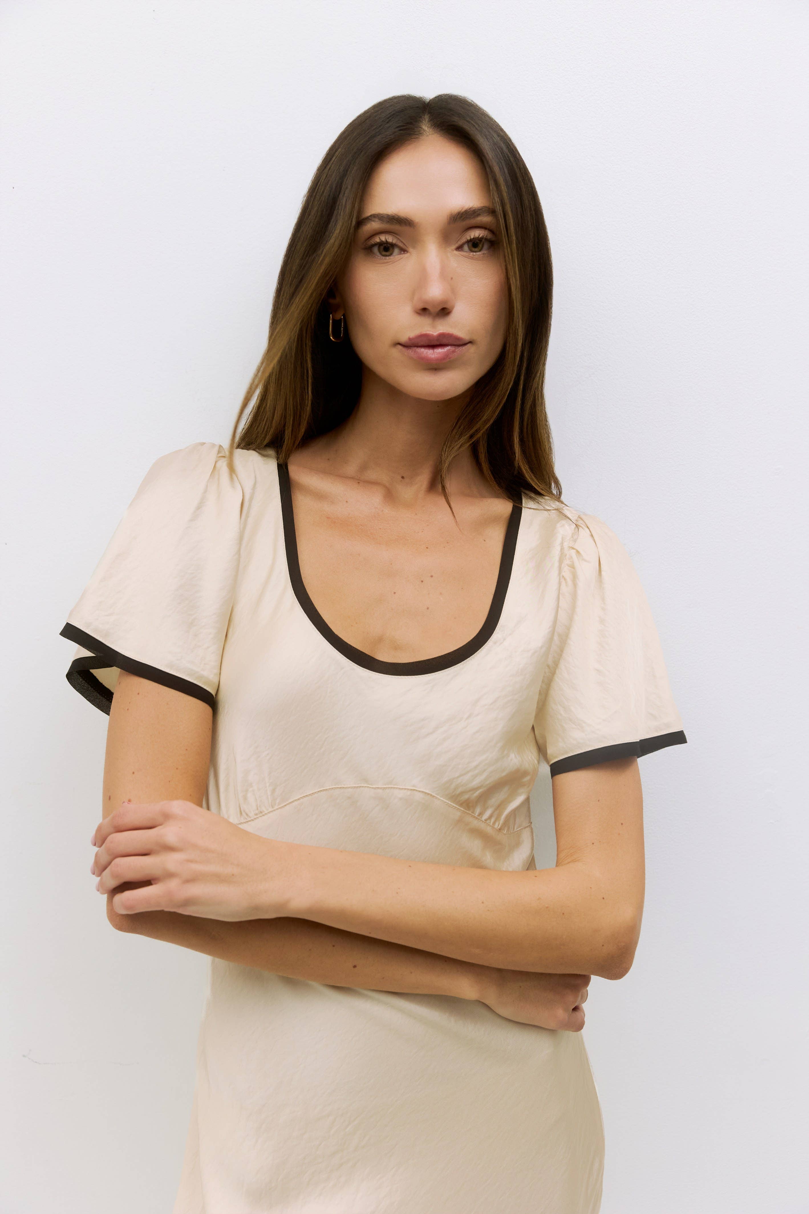 Cream Satin Dress with Contrast Trim