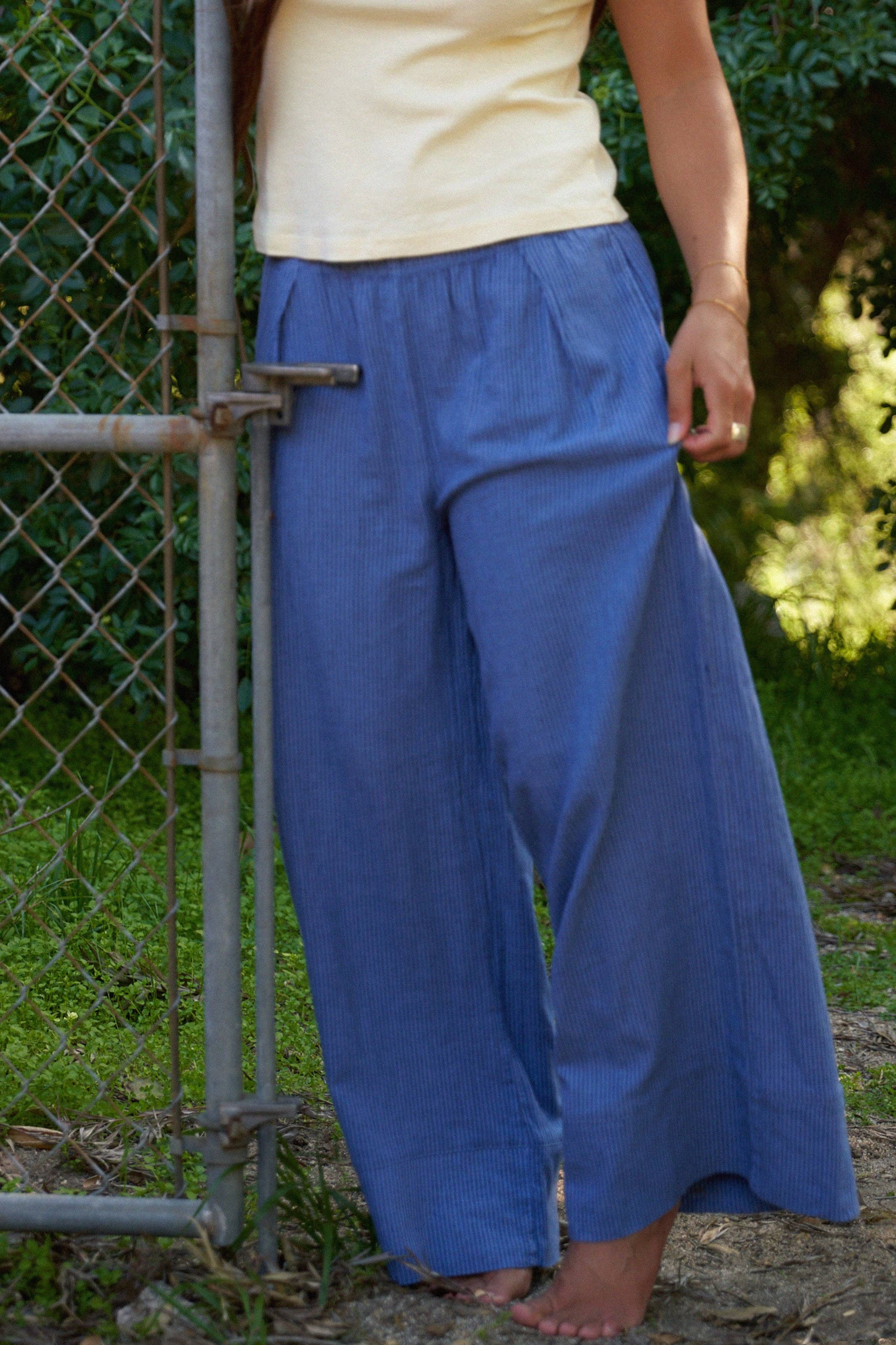 Navy Stripe Washed Linen Wide Leg Pant