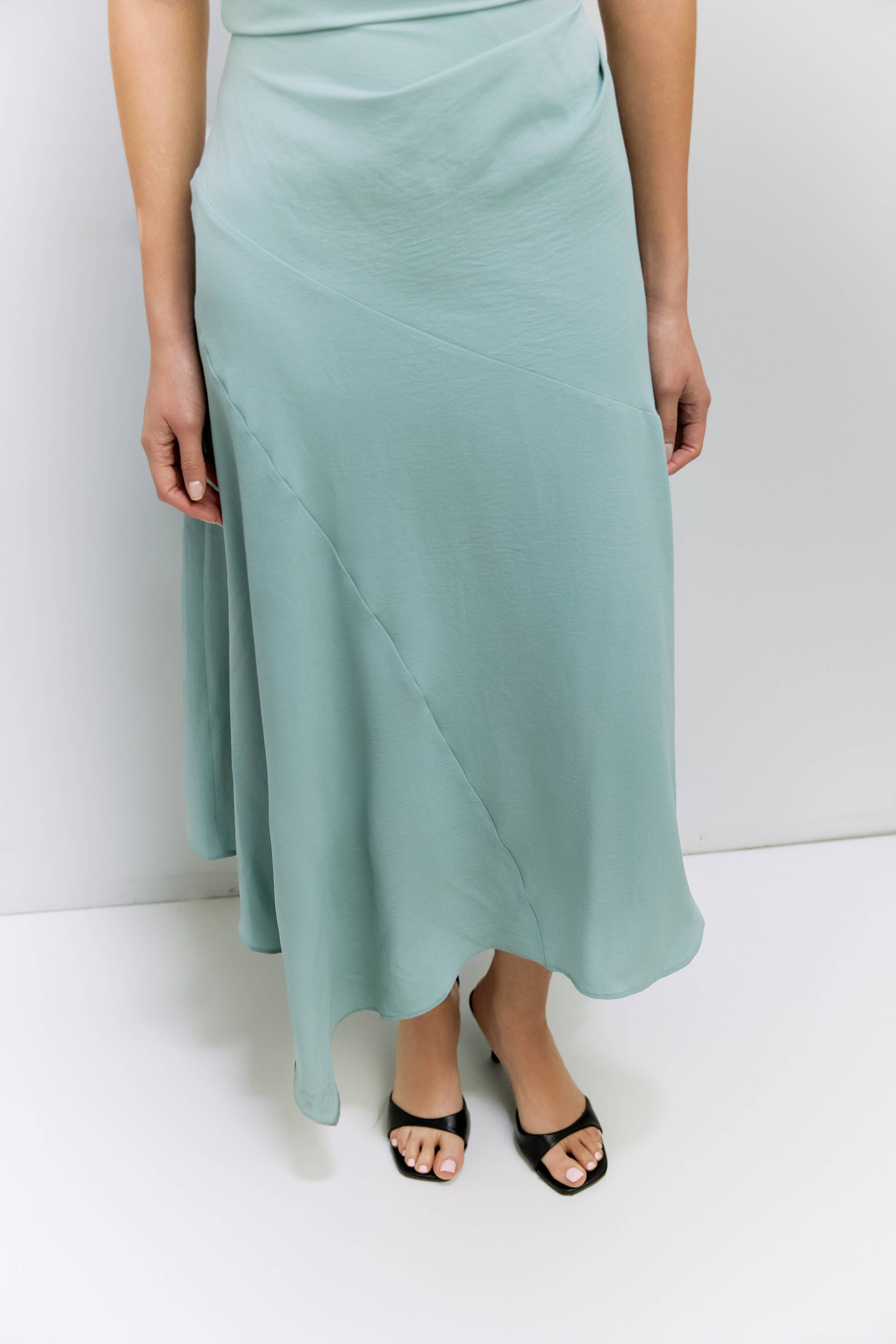 Teal Asymmetrical Cowl Neck Dress