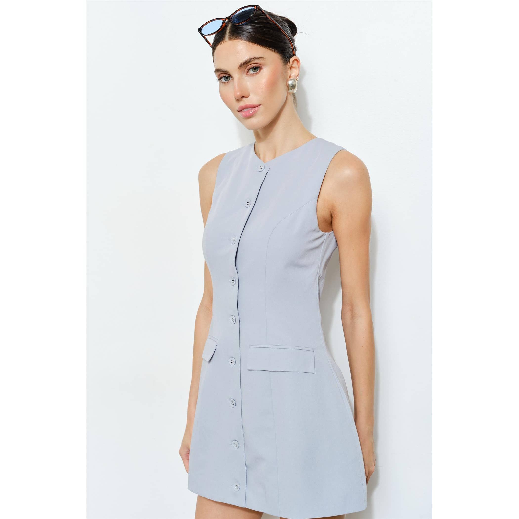 Light Blue Lenore Button-Front Sleeveless Mini Dress