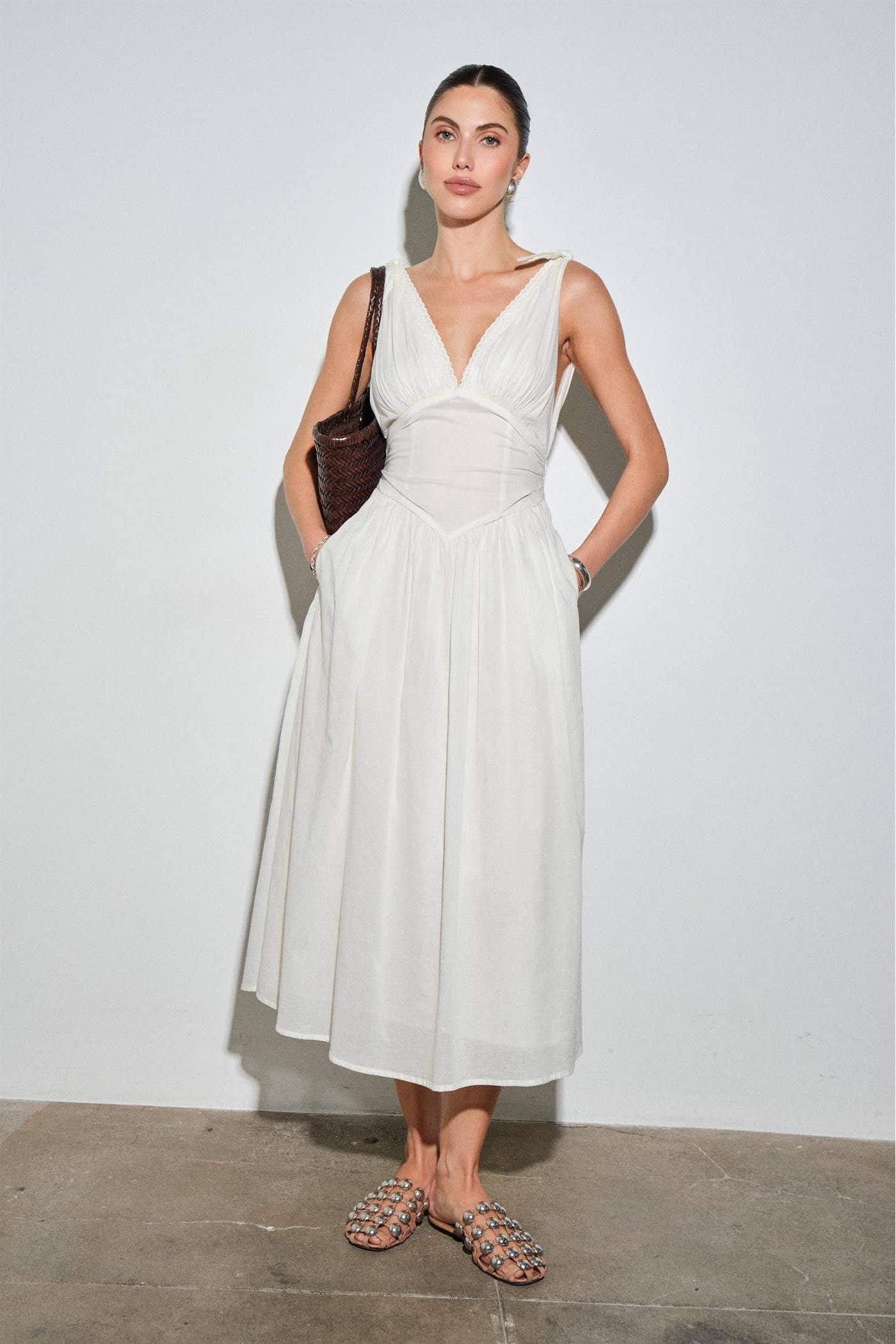 White Cotton Poplin Corset-Waist Maxi Dress