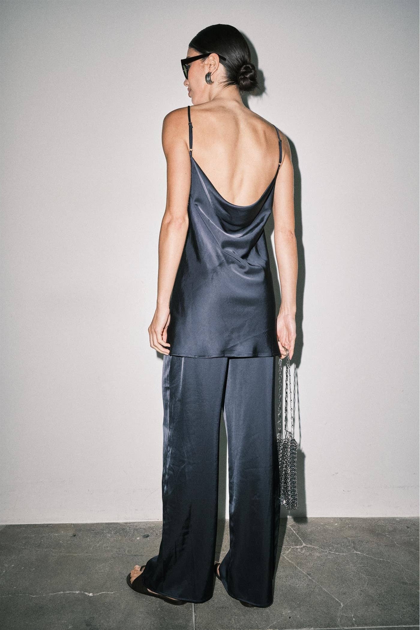Navy Satin Cami & Wide Leg Pant Set
