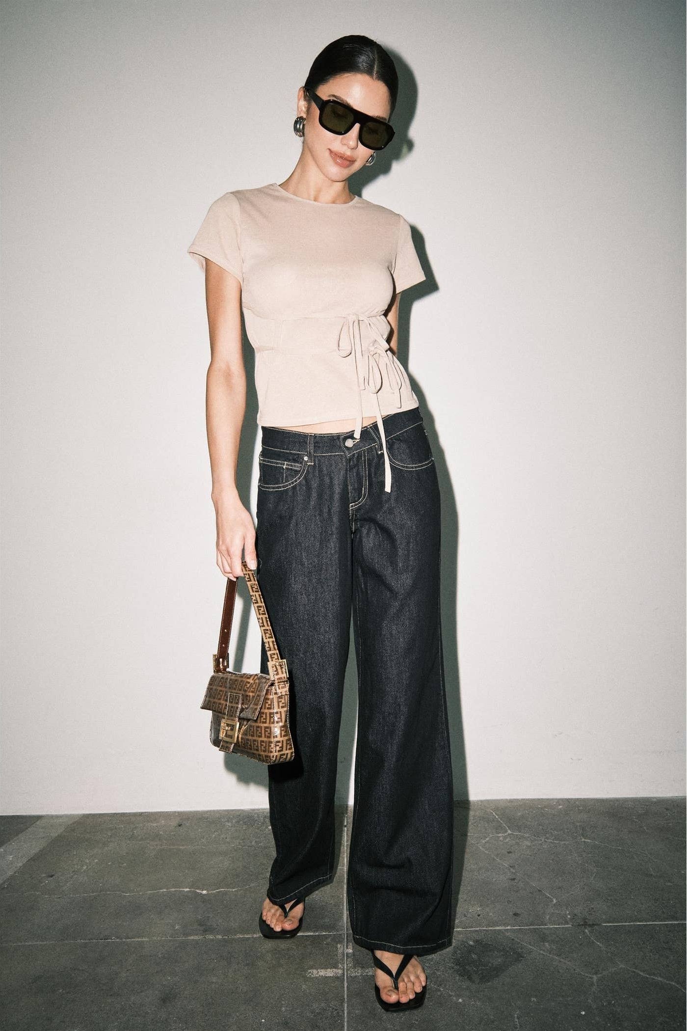 Tan Fine Knit Tie Waist Short Sleeve Tee Top